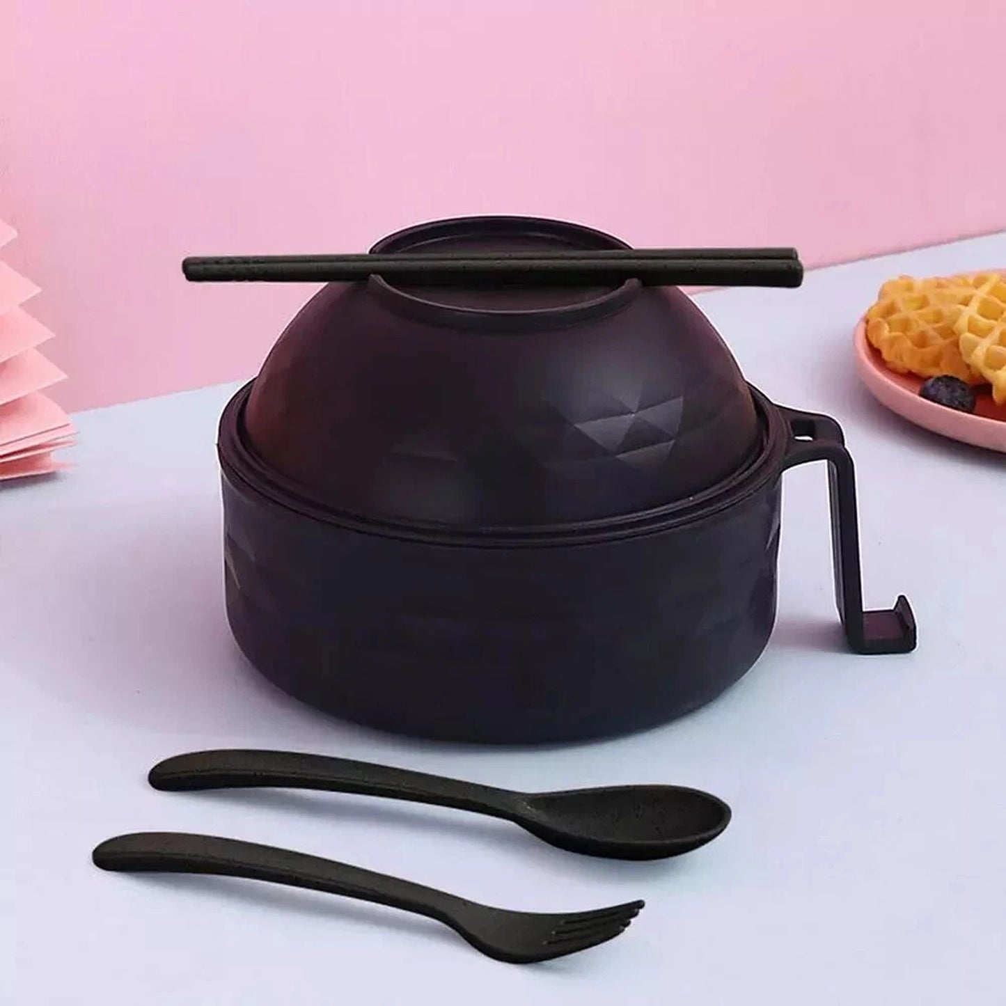 Black Microwave Ramen Bowl Set with Chopsticks for Instant Noodles