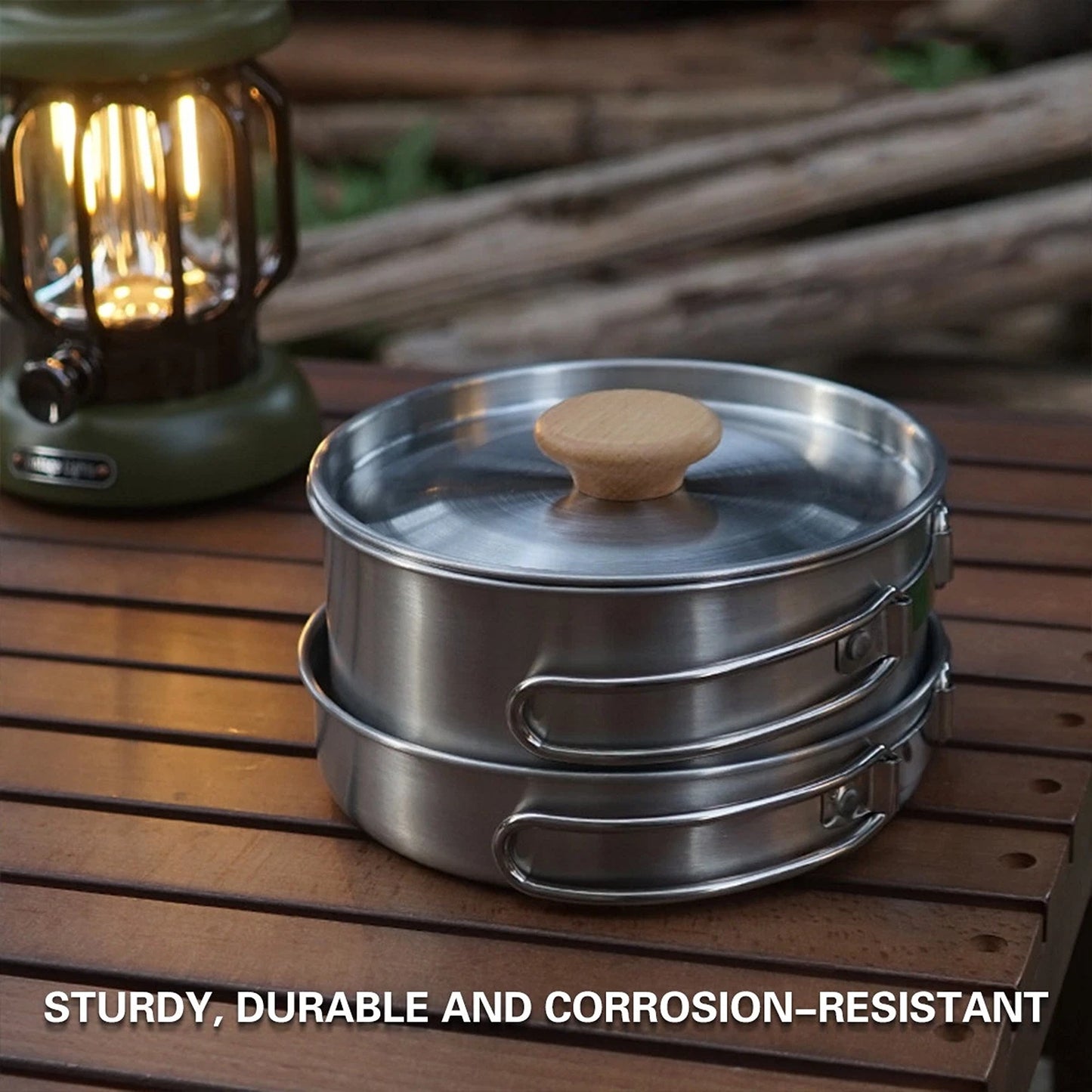 2pcs Stainless Steel Camping Pot and Pan Set with Folding Handles