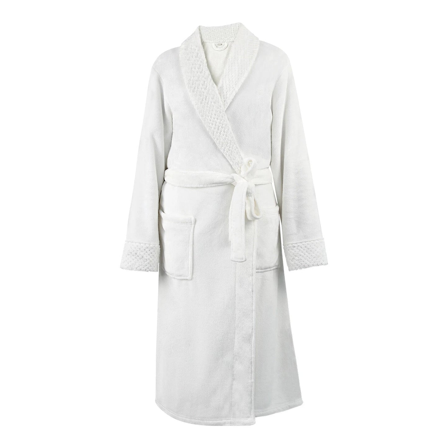 Flannel Fleece Bathrobe for Women and Men Lounge Dressing Gown - White