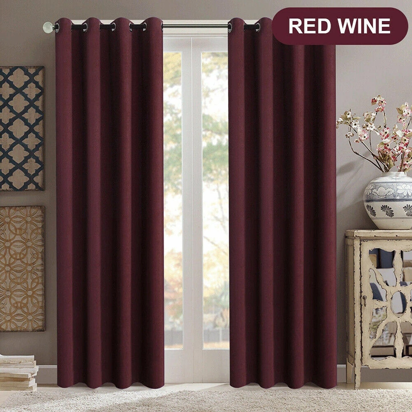 2x Eyelet Blackout Curtains Blockout Drapes for Bedroom Window Pair - Red