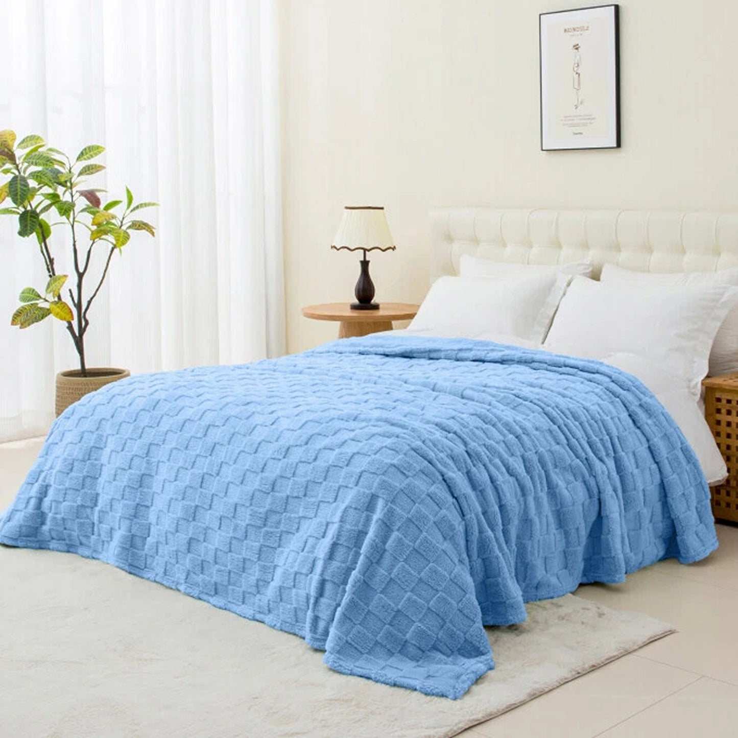 Warm Soft Throw Blanket Plaid Coral Fleece for Couch or Bed - Blue