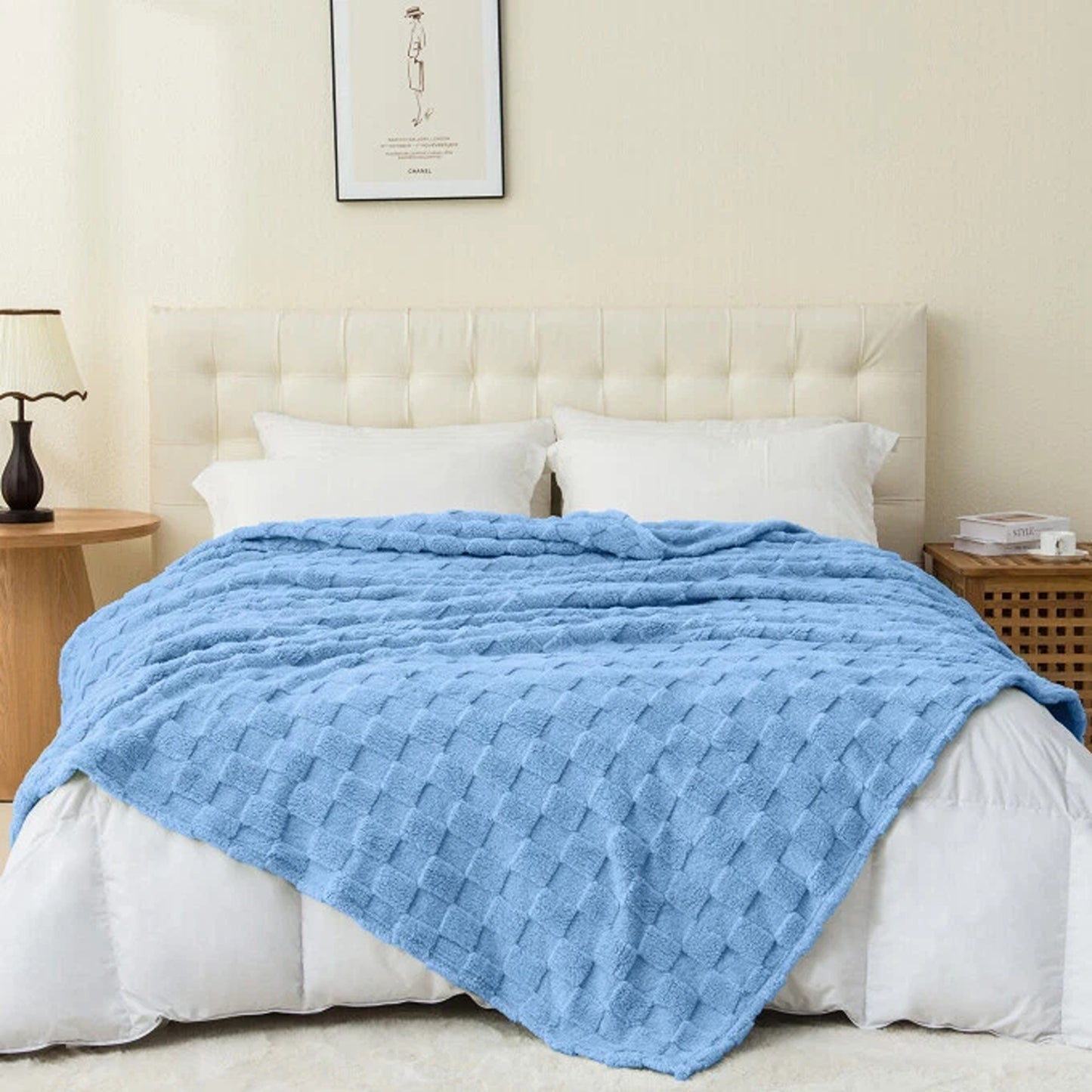 Warm Soft Throw Blanket Plaid Coral Fleece for Couch or Bed - Blue