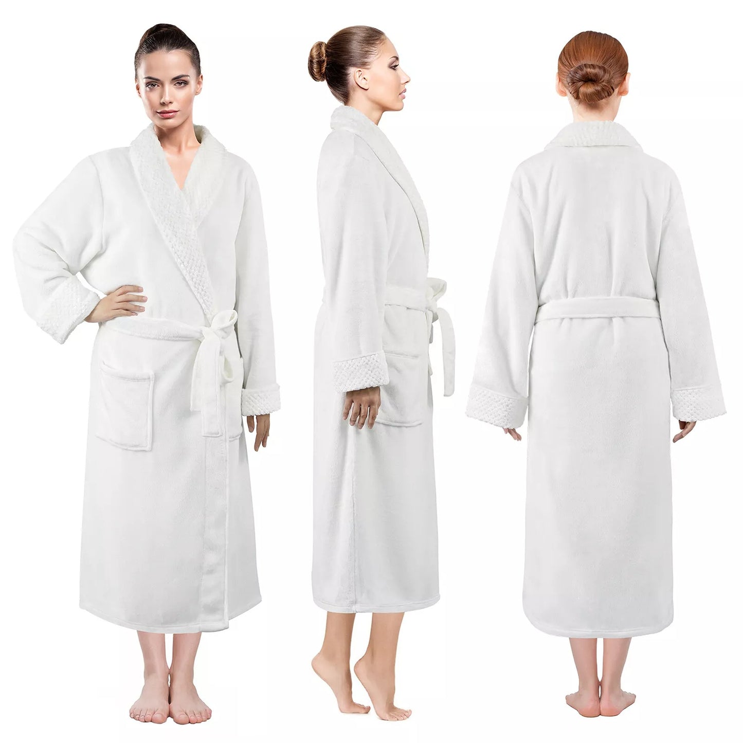 Flannel Fleece Bathrobe for Women and Men Lounge Dressing Gown - White