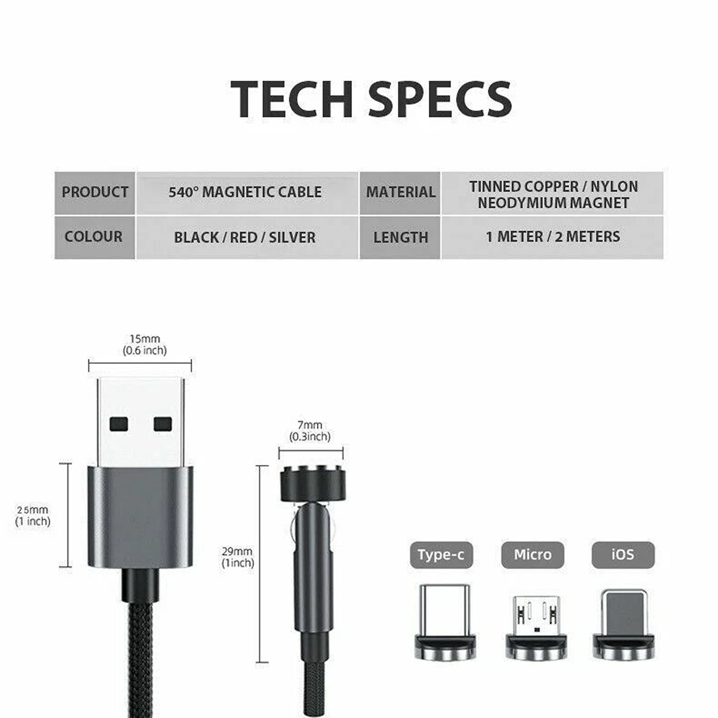 3 in 1 Magnetic Fast Charging Cable 540 Rotating USB Charger for Type-C Micro USB iPhone