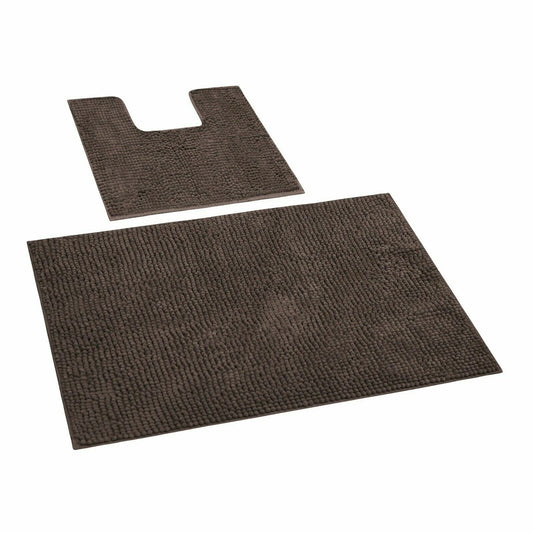 Chocolate Brown 1200 GSM Chenille Bath Mat and Toilet Mat Set Non Slip