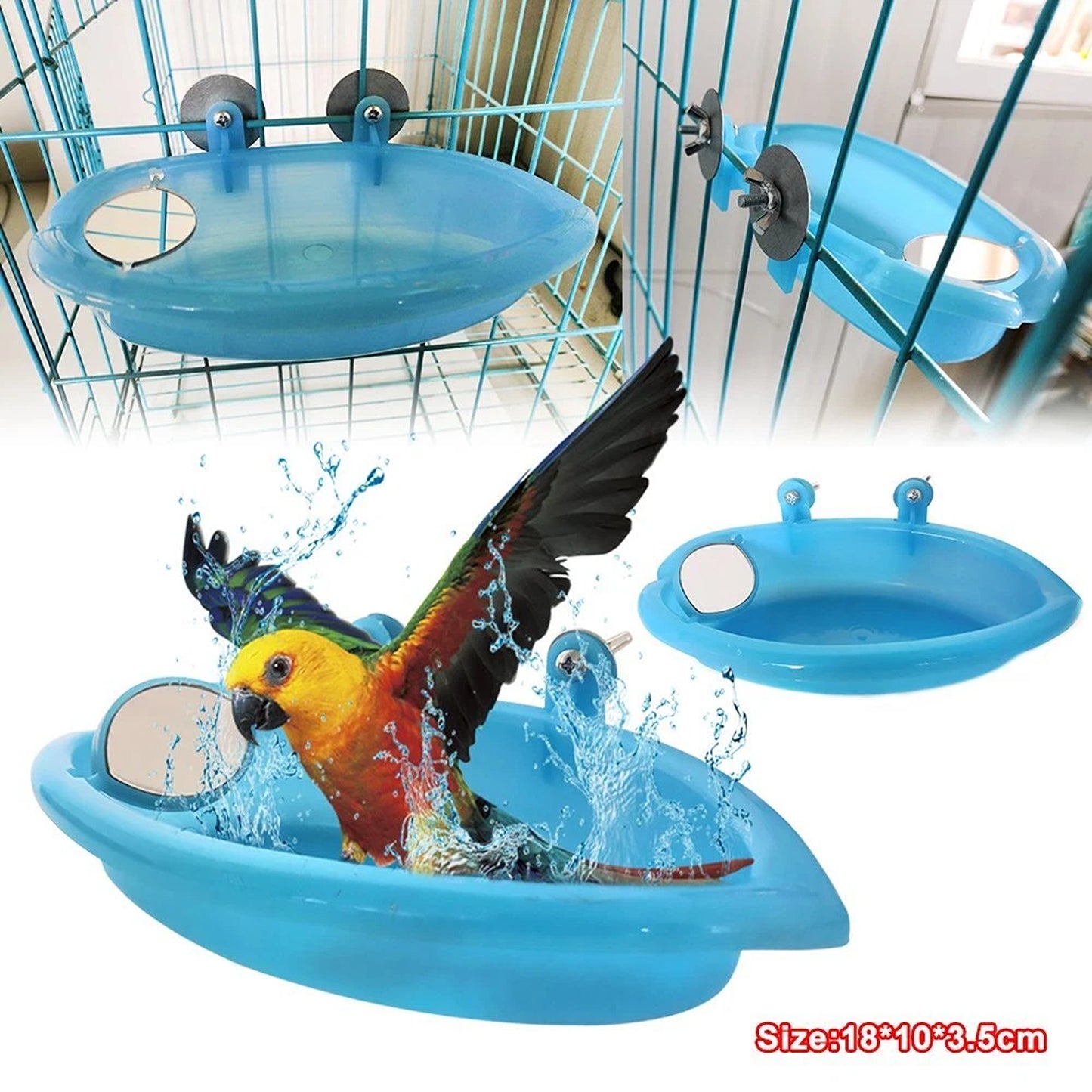 Bird Bathtub Shower Box with Mirror Cage Accessory for Parrots Blue