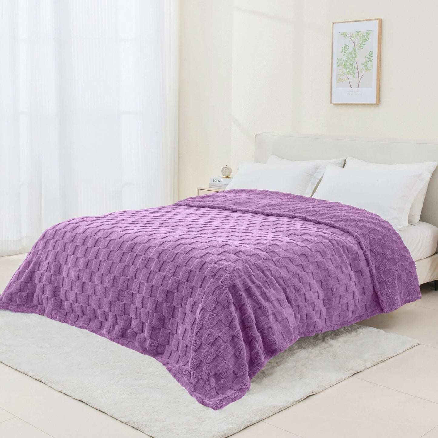 Warm Soft Throw Blanket Plaid Coral Fleece for Couch or Bed - Lavender