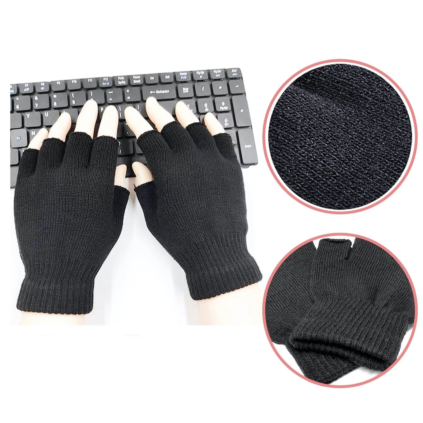 Black Fingerless Knitted Winter Warm Gloves Soft Half Finger Mittens Unisex