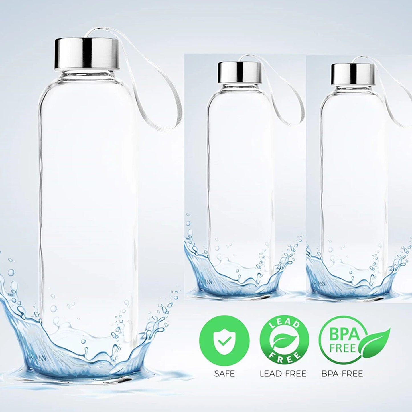 6 Piece 500ml Glass Water Bottles with Ribbon Handles