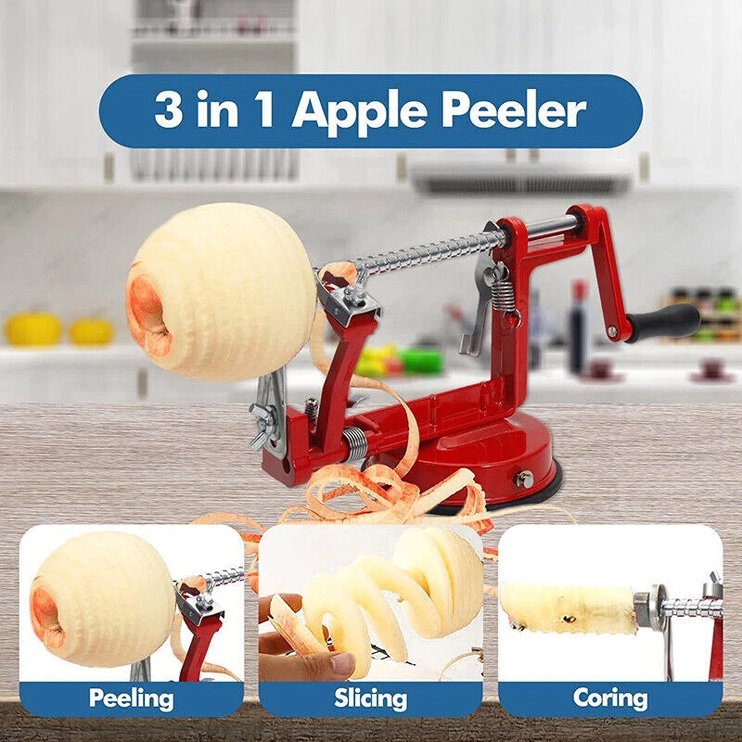 3 in 1 Apple Peeler Red Kitchen Tool Fruit Cutter Slicer and Corer
