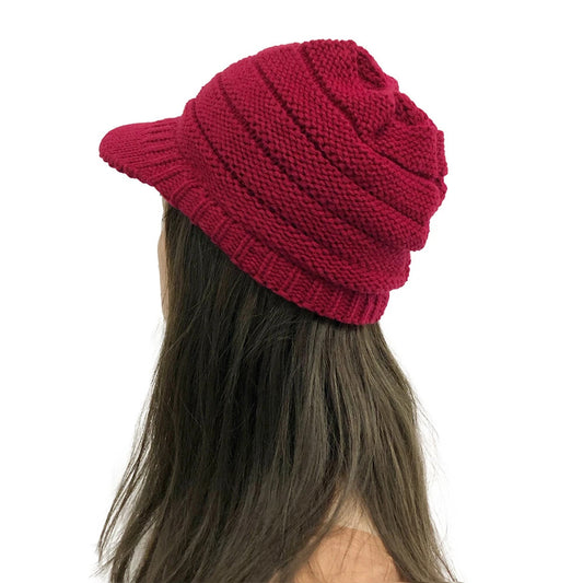 Red Womens Thick Knitted Beanie Hat with Visor for Winter