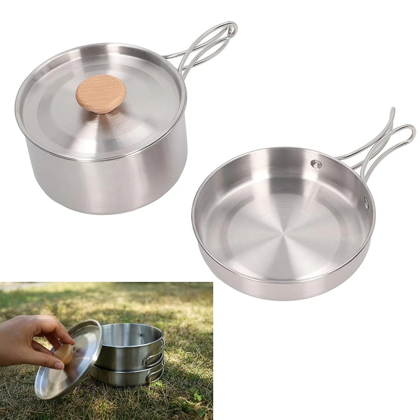 2pcs Stainless Steel Camping Pot and Pan Set with Folding Handles