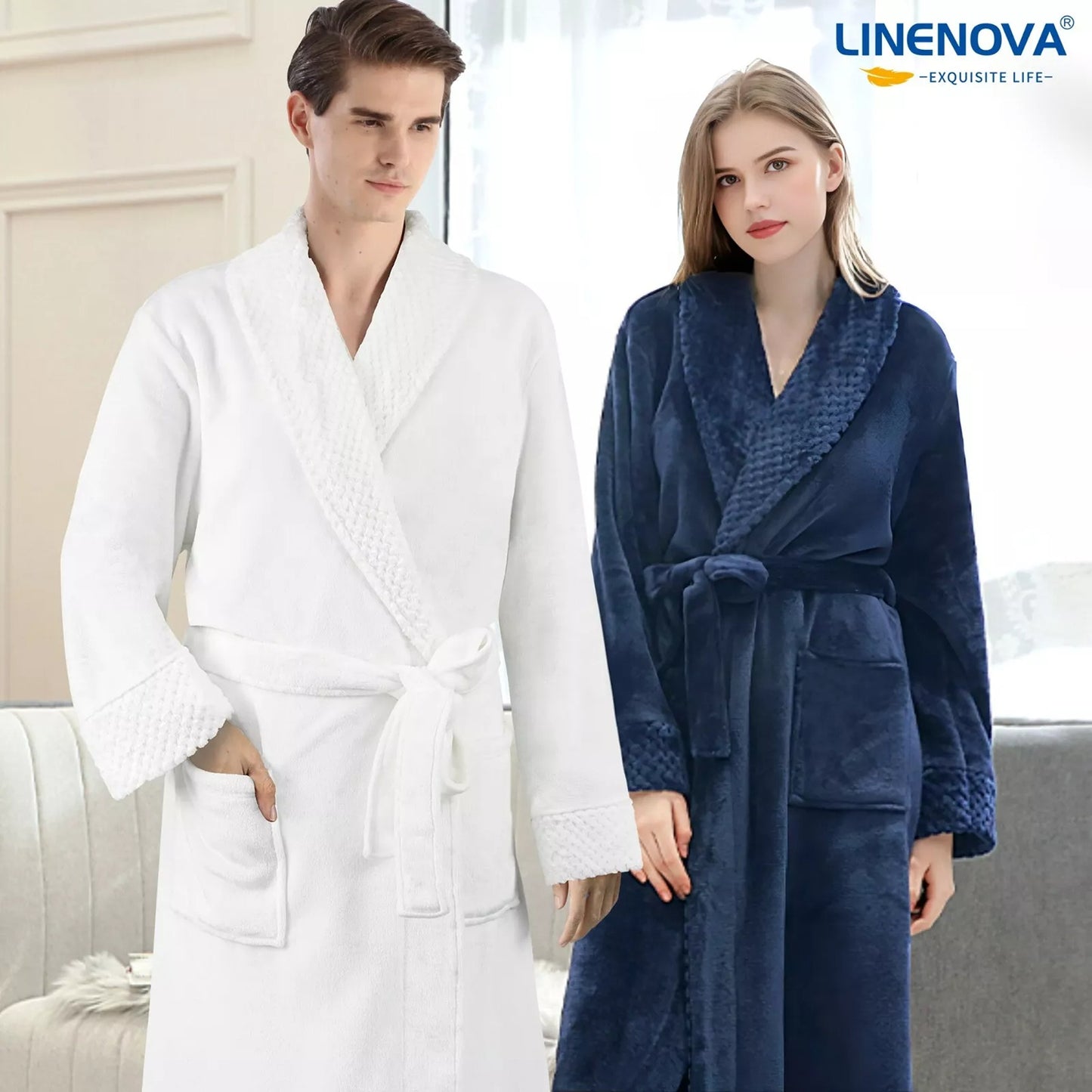 Flannel Fleece Bathrobe for Women and Men Lounge Dressing Gown - Navy