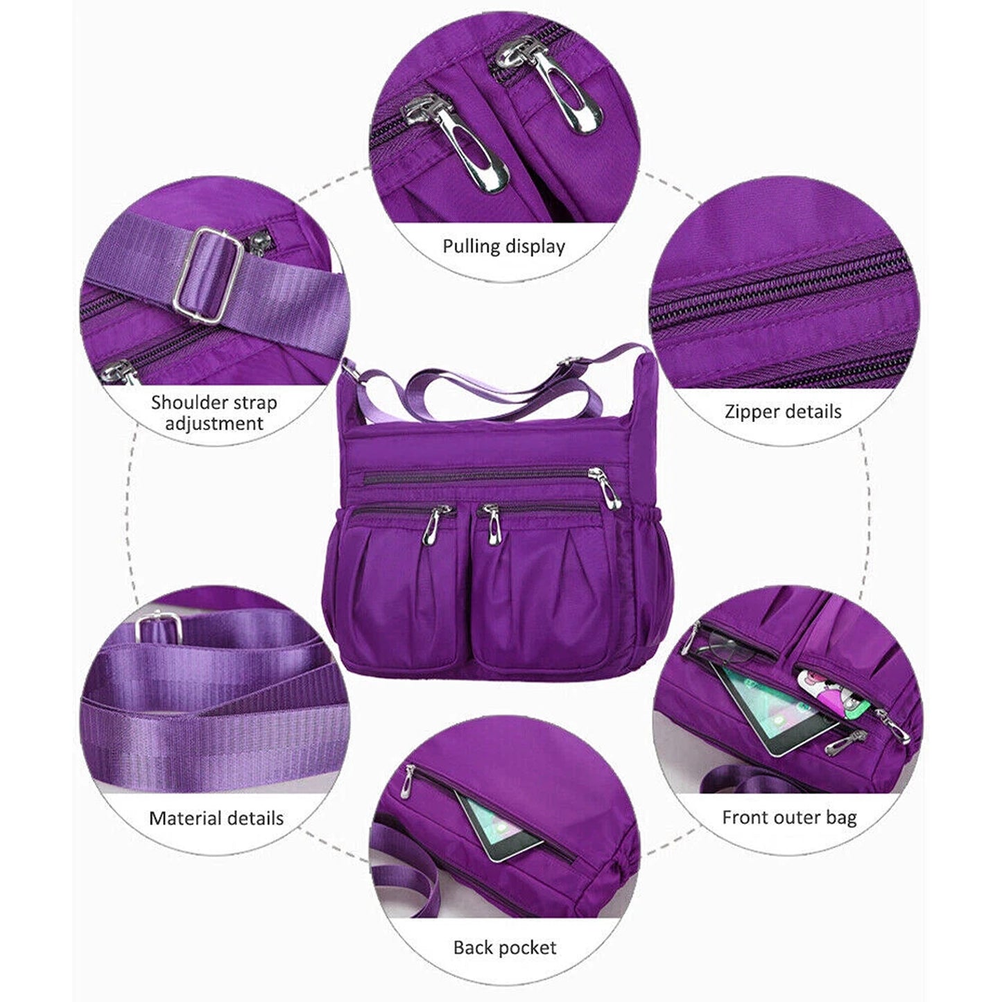 Bright Purple Womens Multi Pocket Crossbody Bag Casual Travel Shoulder Handbag