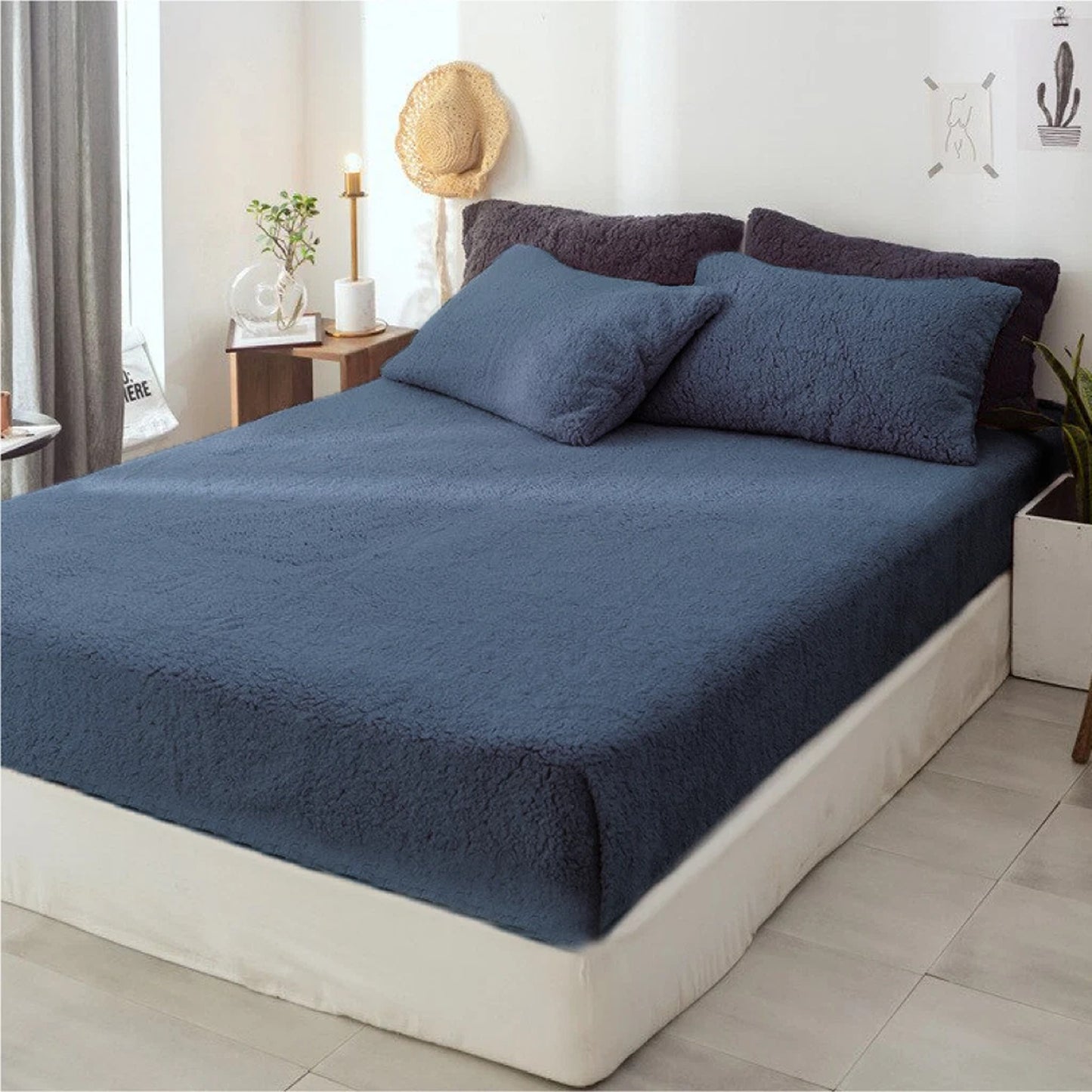Soft Warm Fleece Fitted Sheet with Pillowcase Teddy Bear Fabric - Ocean