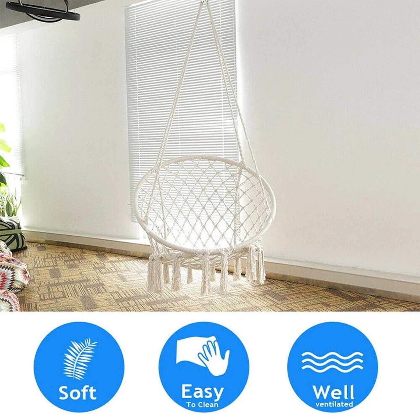 Beige Hammock Swing Chair Cotton Macrame Hanging Rope Seat