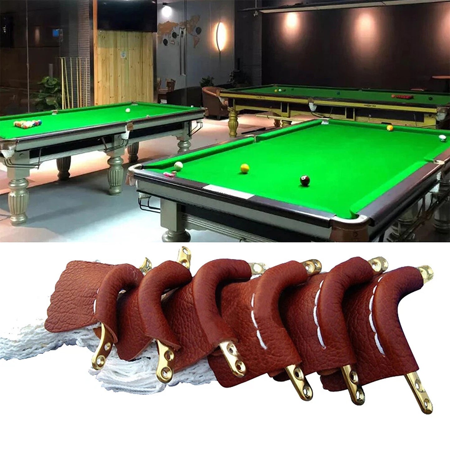 6 Pack Snooker Pool Table Pocket Net and Leather Set