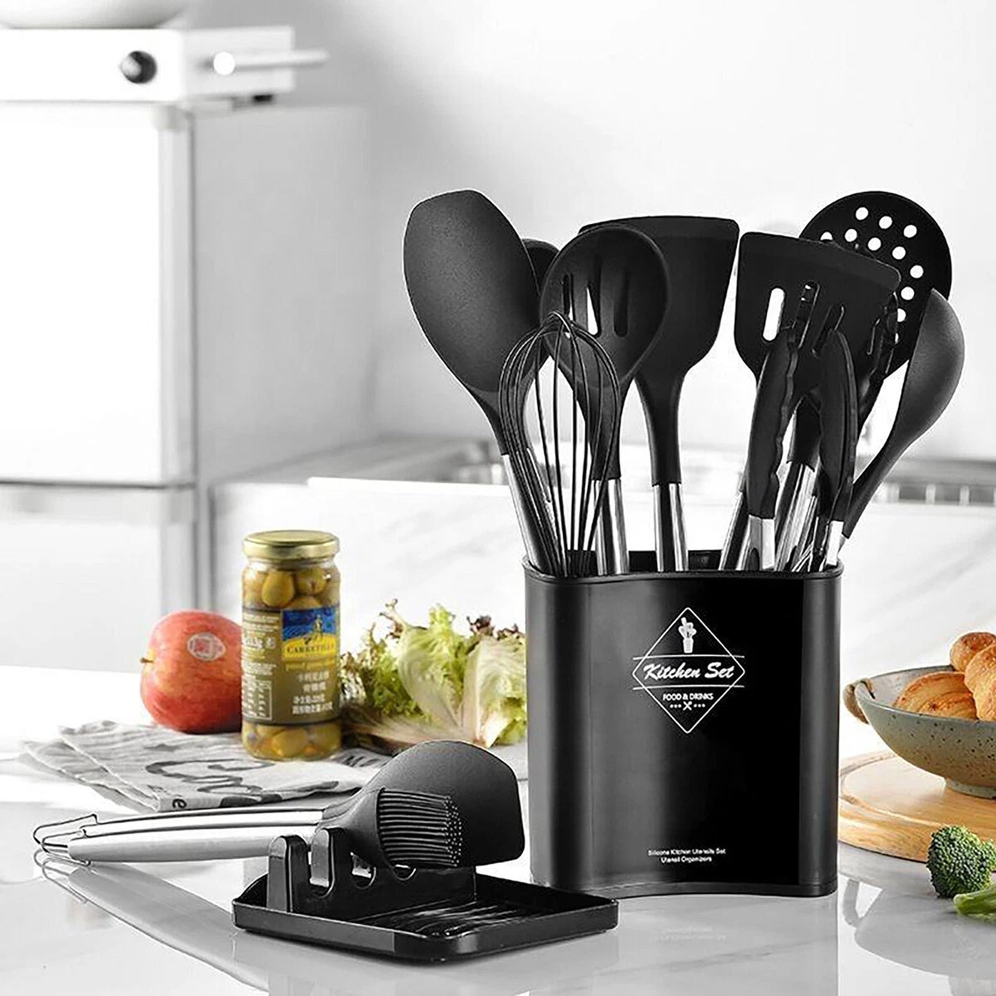13 Piece Kitchen Utensil Set Silicone Tools with Stainless Steel Handles - Black