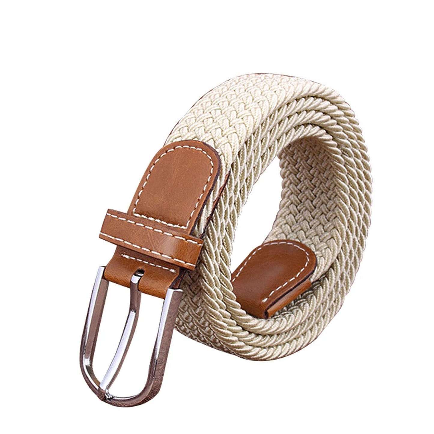 Beige Womens Braided Stretch Waist Belt with Elastic Buckle