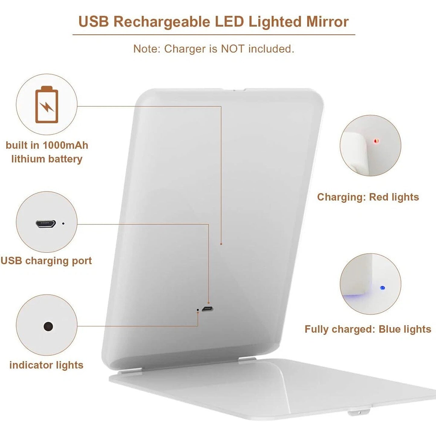 Rechargeable LED Folding Makeup Mirror with USB and Touch Screen