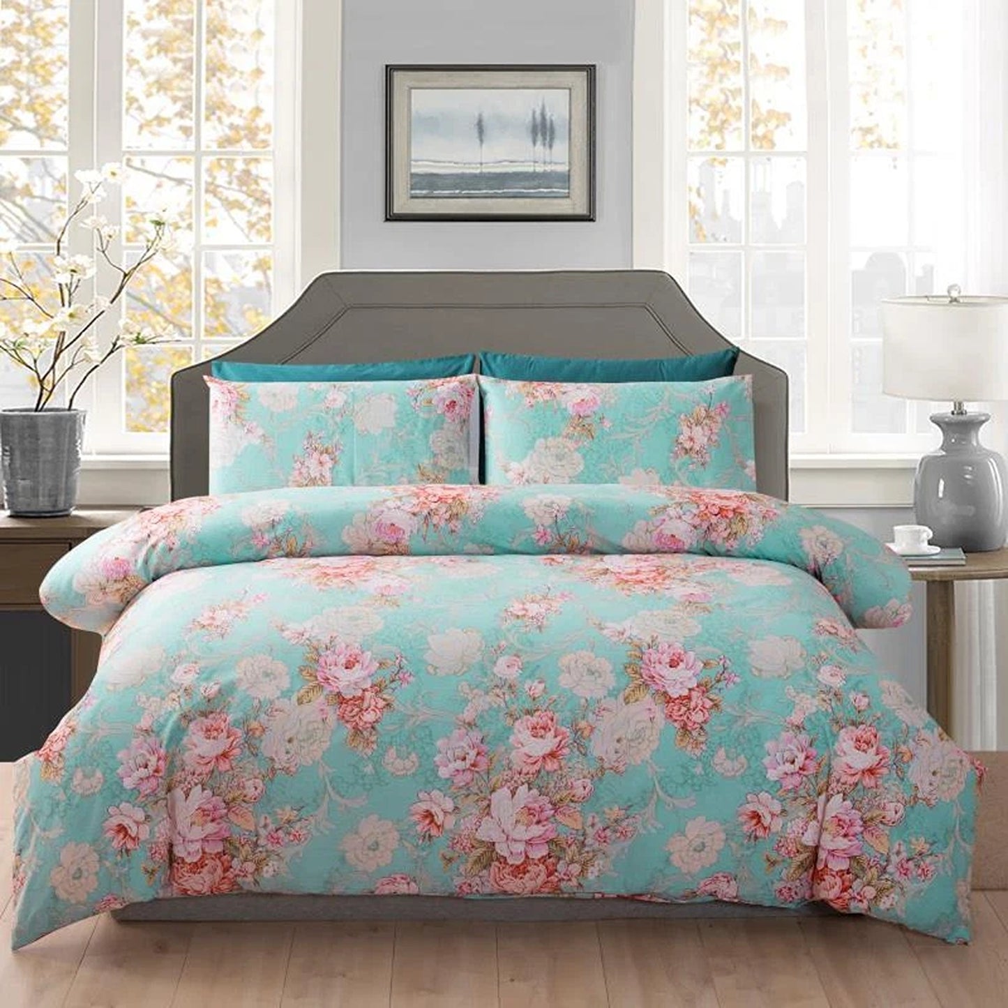 Cotton Duvet Quilt Cover Set with Pillowcases All Sizes - Flora Green