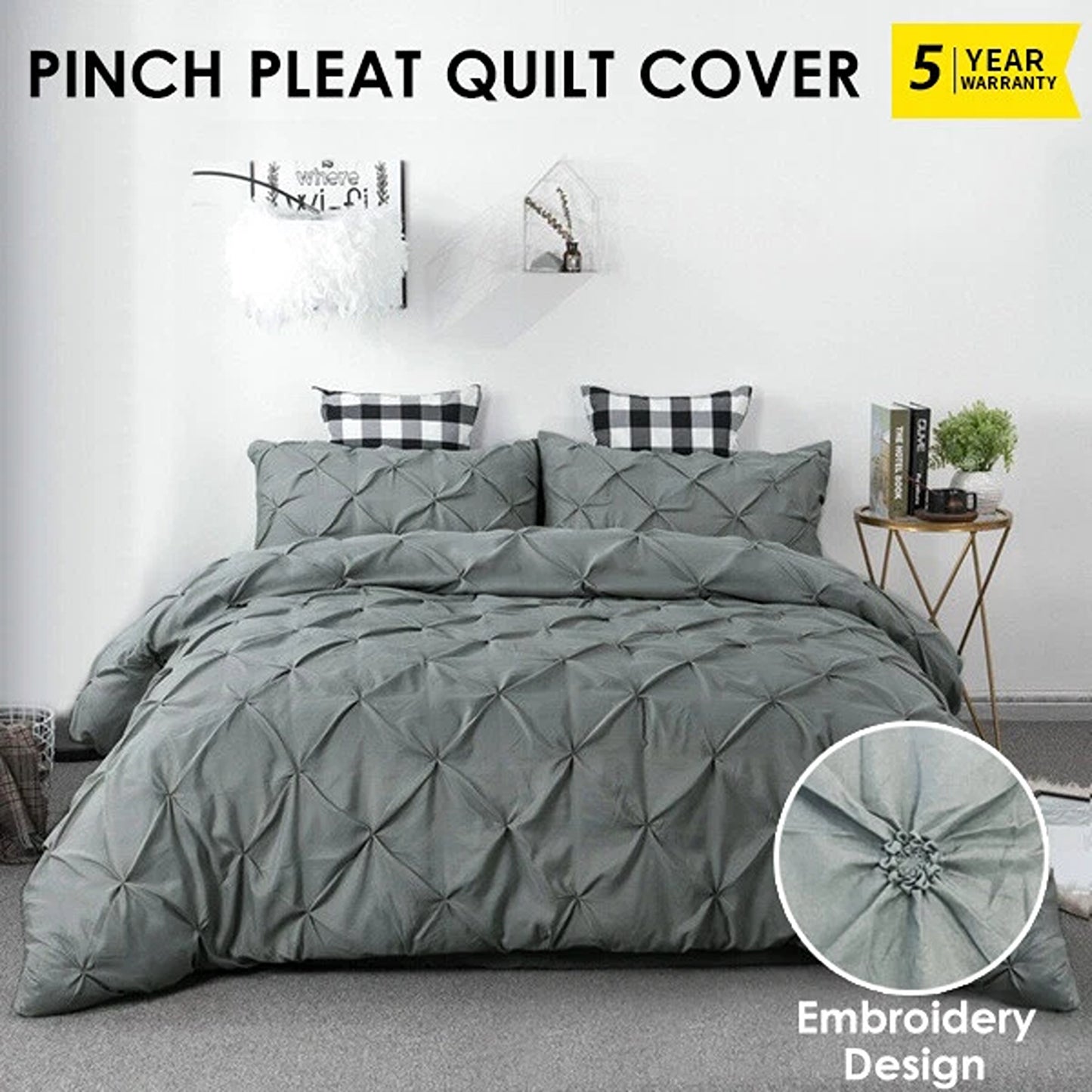 Grey Diamond Pleated Quilt Cover Bedding Set All Sizes