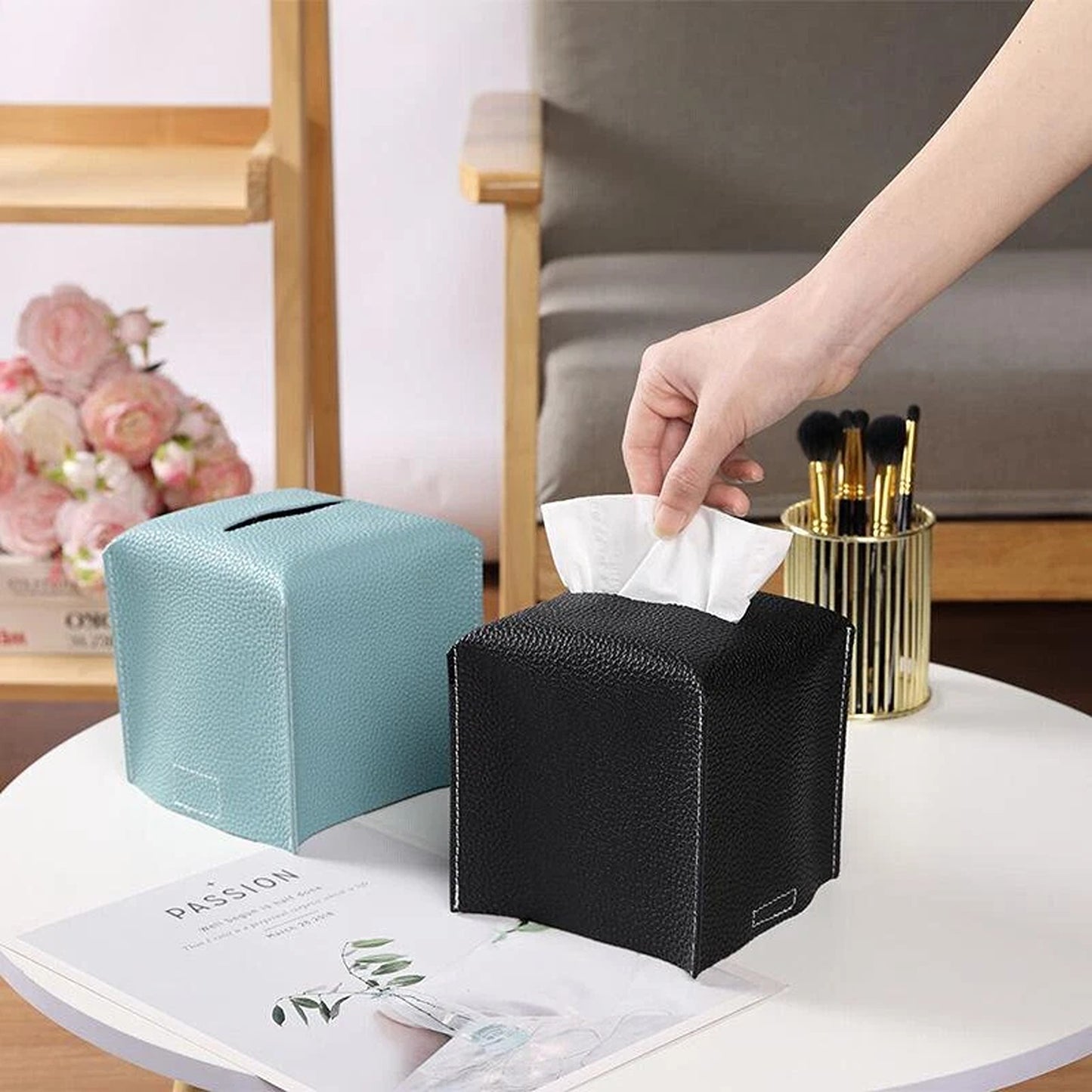 Tissue Box Storage Organizer with Elegant PU Leather Finish - Green