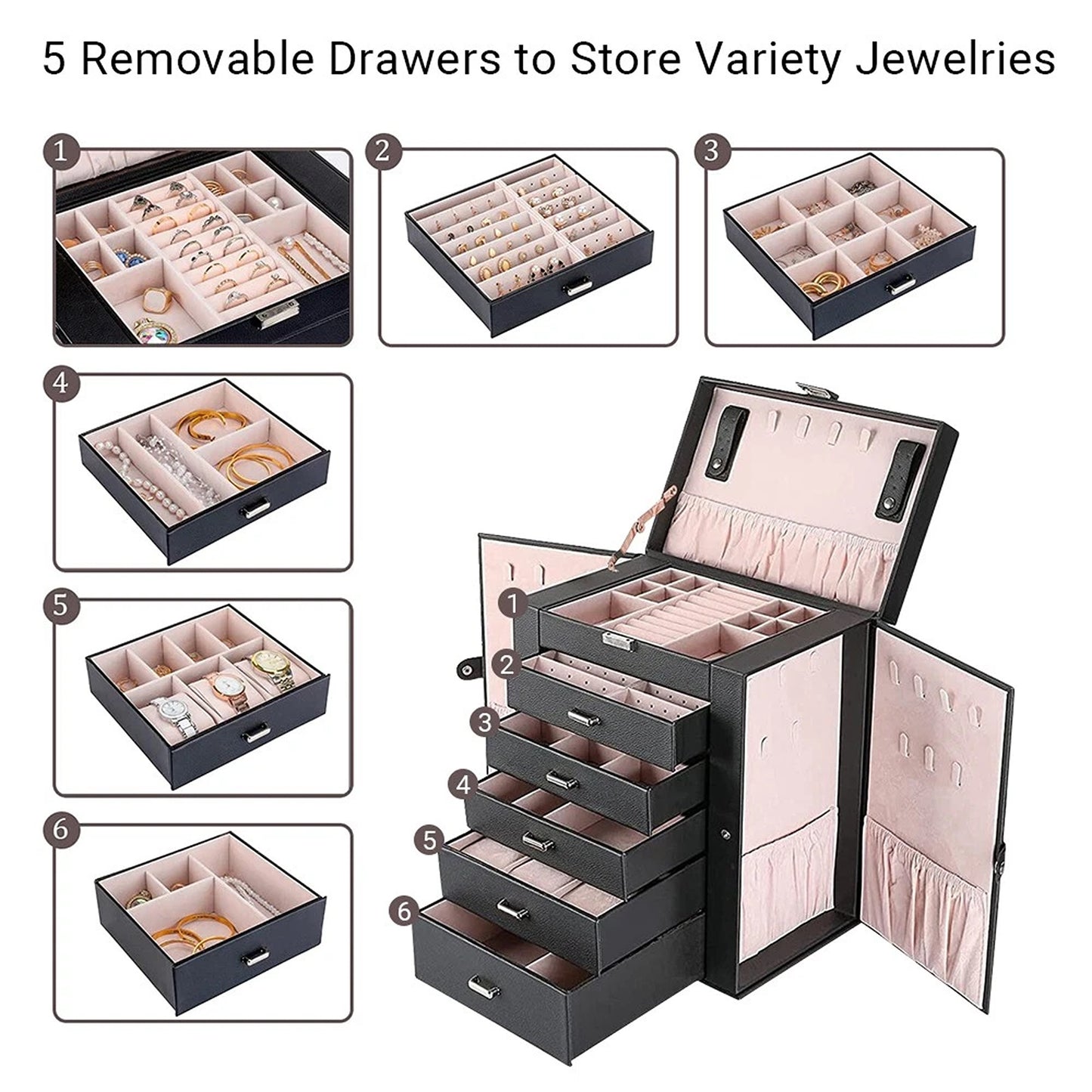 Large Leather Jewellery Organizer Case for Travel and Storage