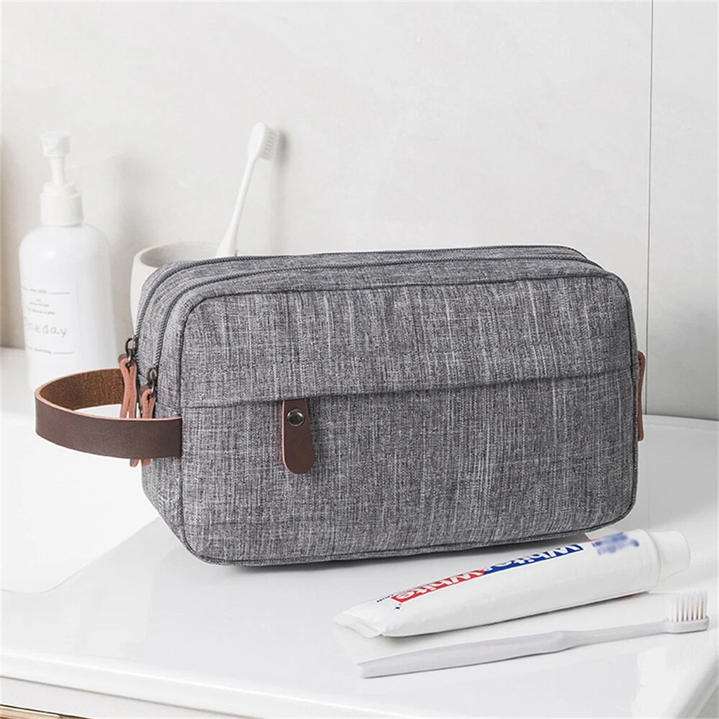 Grey Compact Toiletry Bag for Travel and Gym