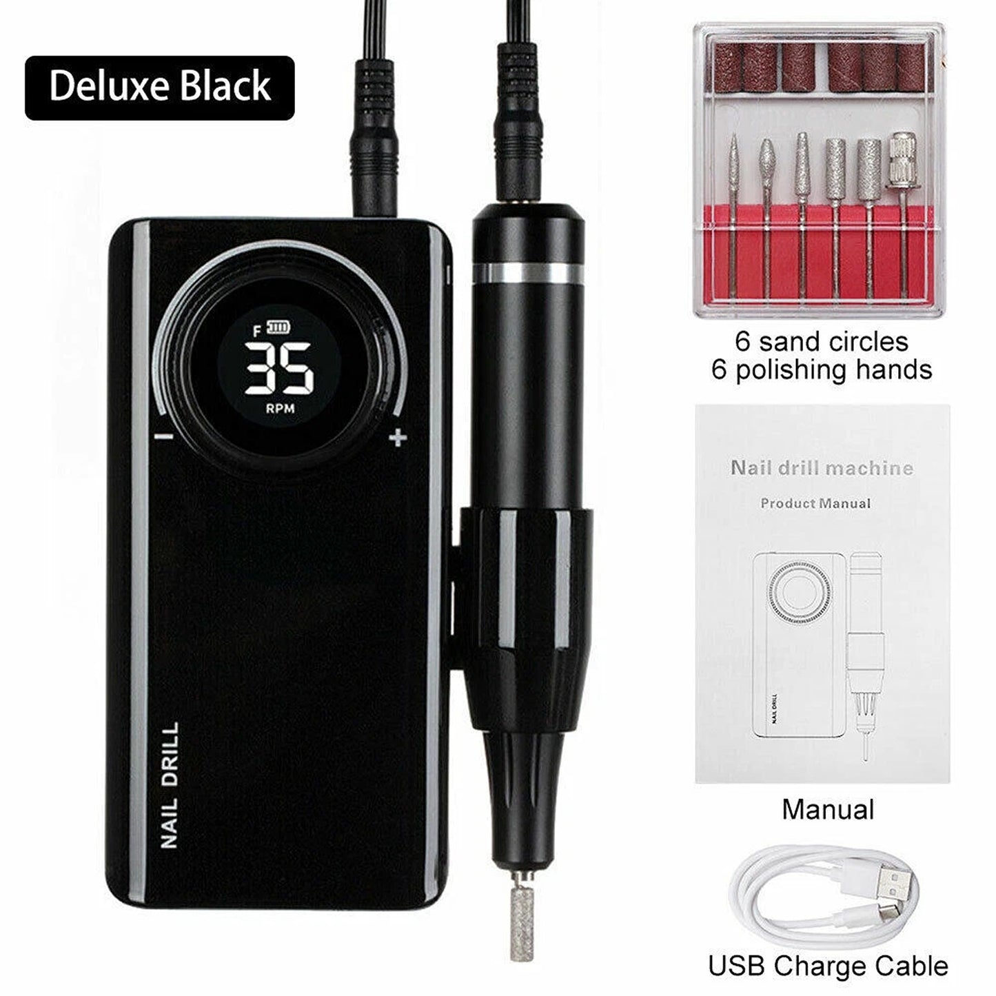 Black Portable Nail Drill Machine for Manicure and Pedicure 35000RPM
