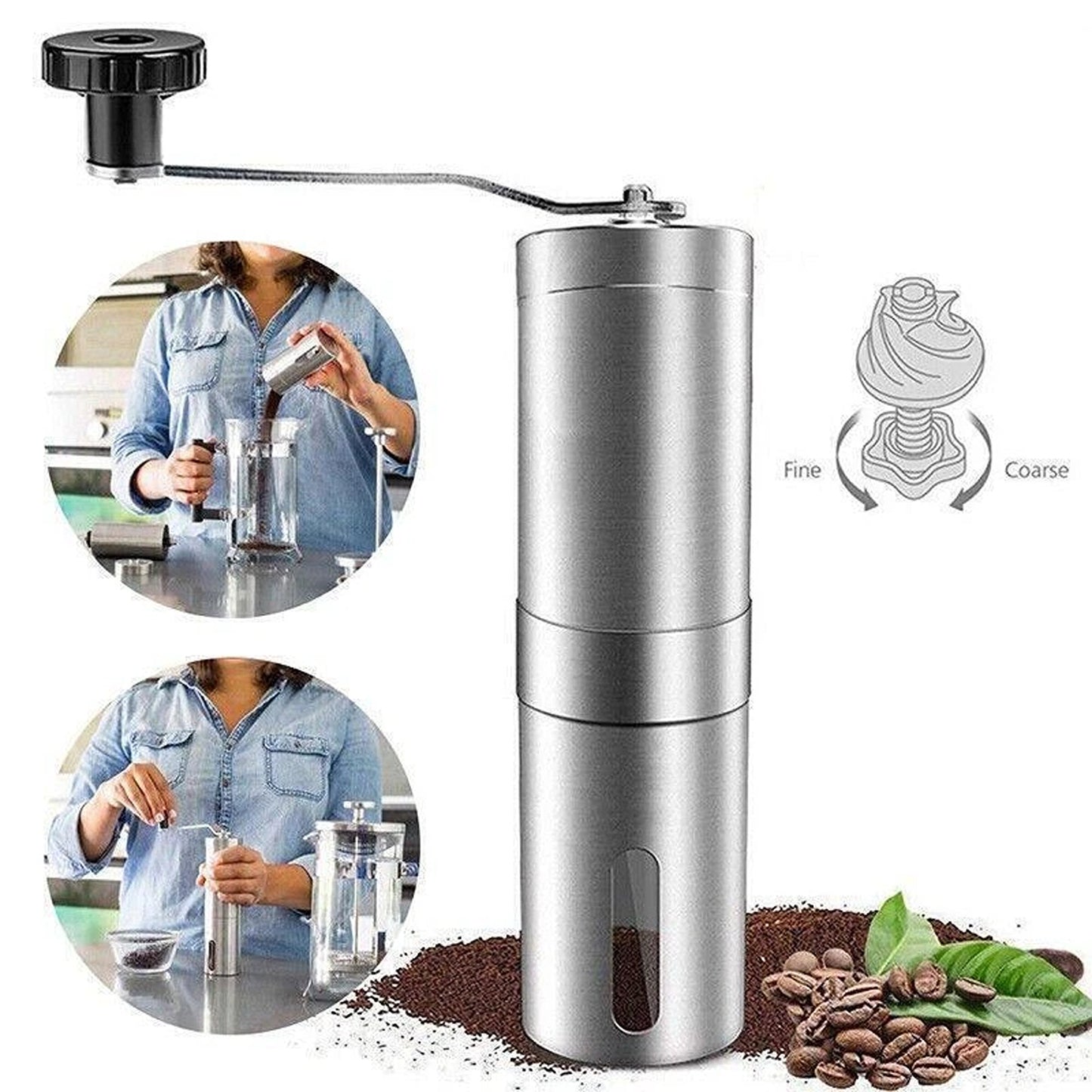 Manual Coffee Bean Grinder with Stainless Steel Body and Ceramic Burr