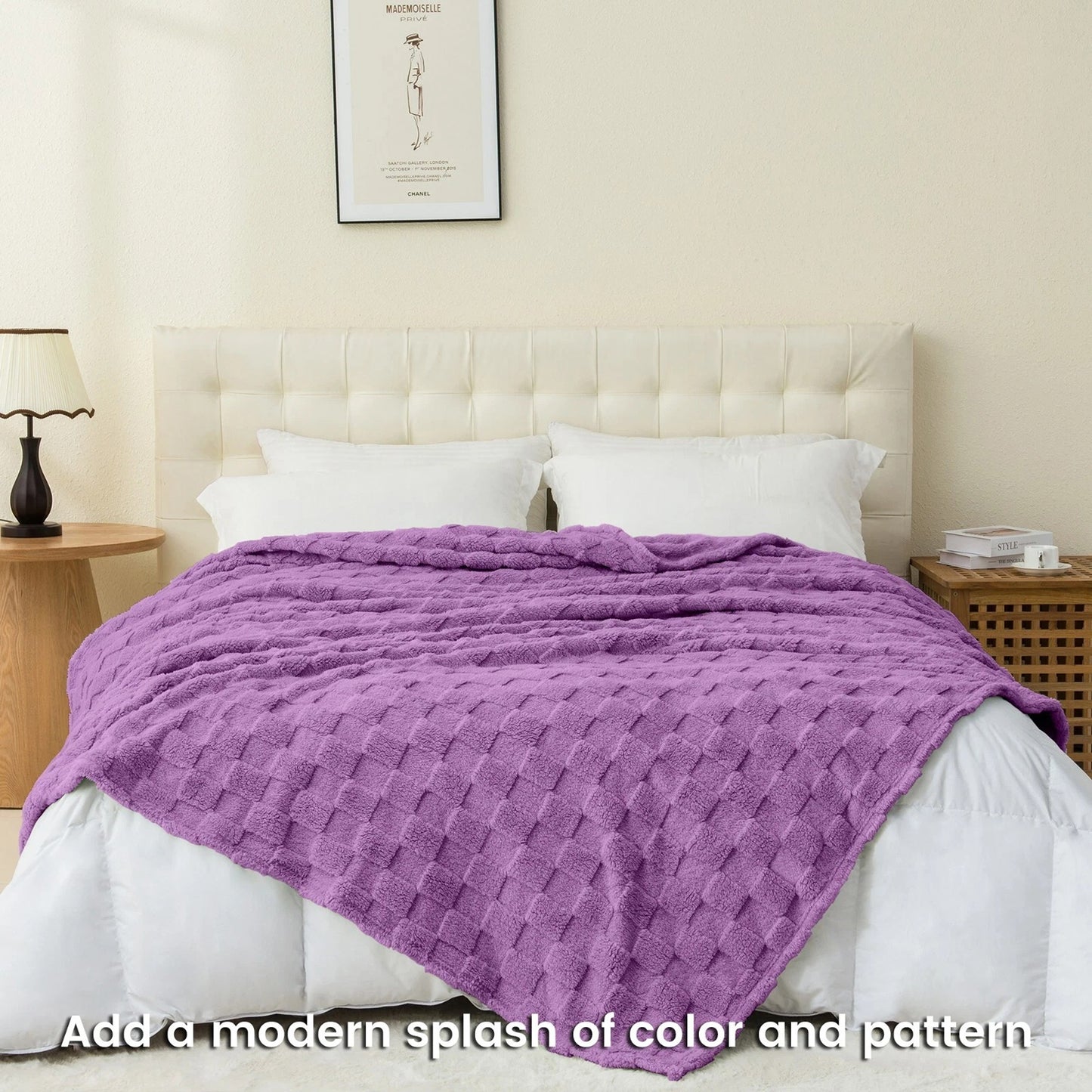 Warm Soft Throw Blanket Plaid Coral Fleece for Couch or Bed - Lavender