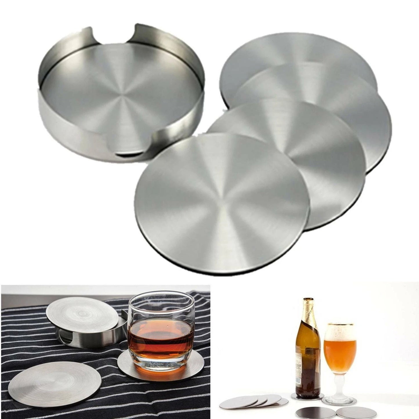 Set of 6 Stainless Steel Coasters Round Modern Drink Holders