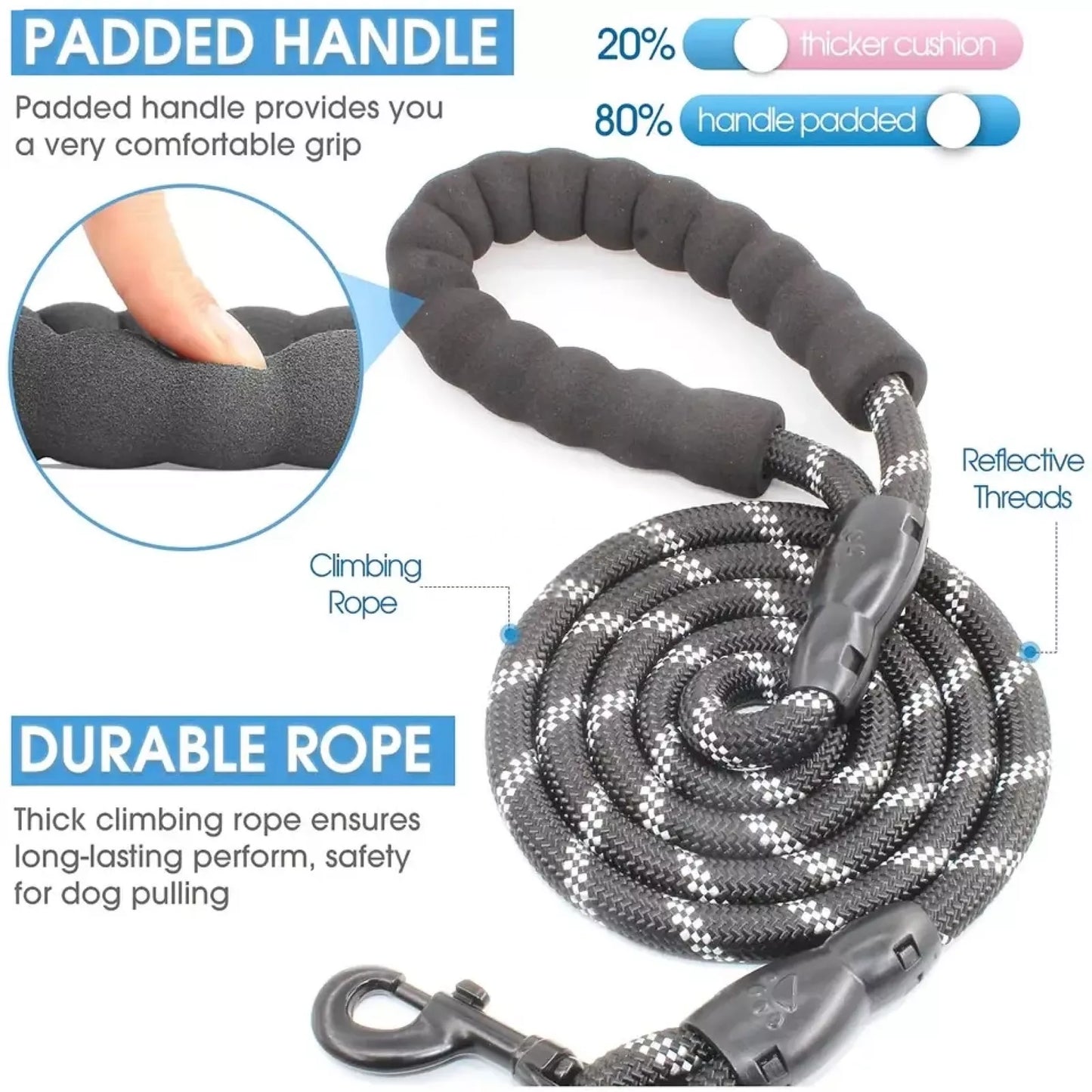 Nylon Dog Leash Heavy Duty with Padded Handle and Reflective Threads - Blue