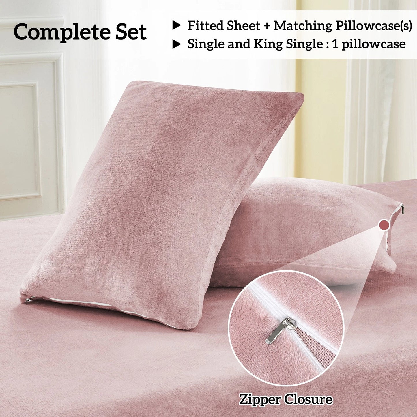 Dusty Pink Warm Flannelette Fitted Sheet and Pillowcase Set No Flat Sheet