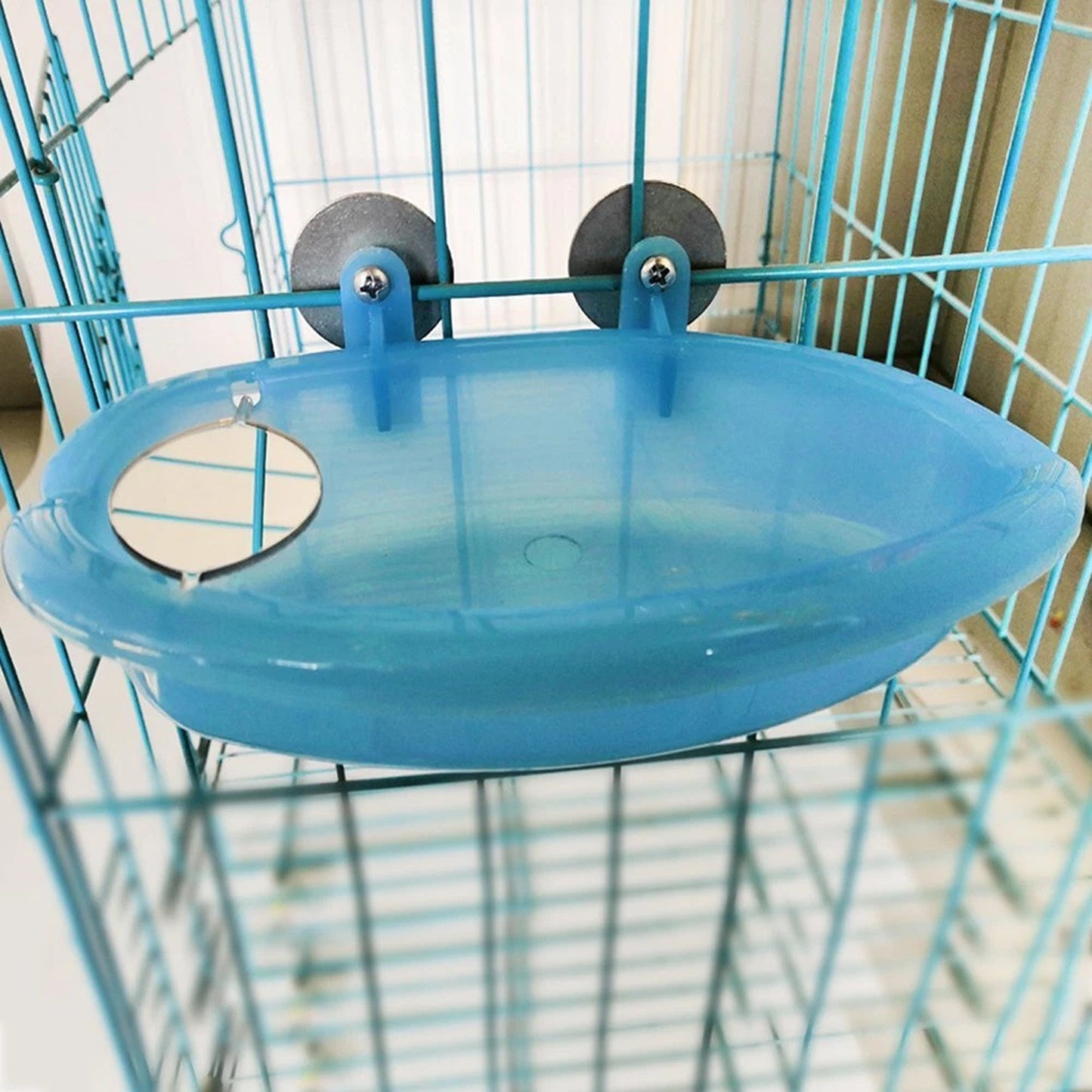 Bird Bathtub Shower Box with Mirror Cage Accessory for Parrots Blue