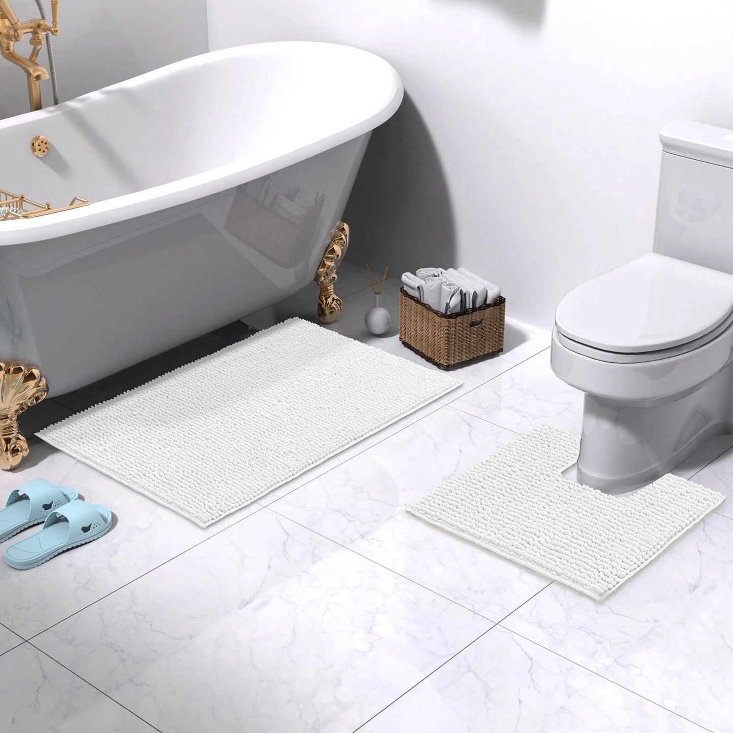 White 1200 GSM Chenille Bath Mat and Toilet Mat Set Non Slip