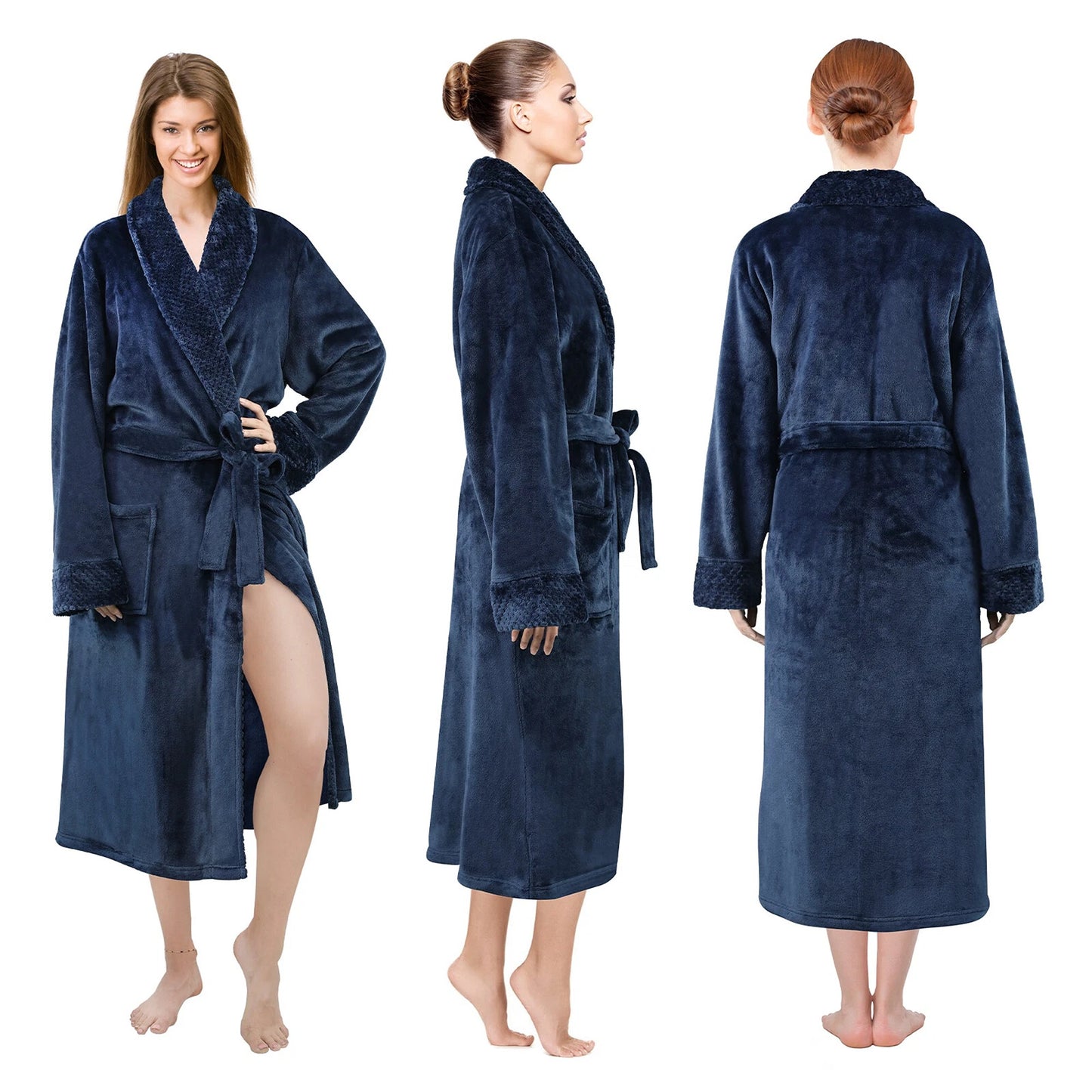 Flannel Fleece Bathrobe for Women and Men Lounge Dressing Gown - Navy