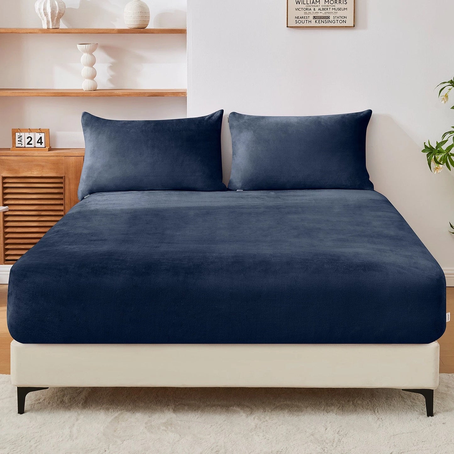 Navy Warm Flannelette Fitted Sheet and Pillowcase Set No Flat Sheet