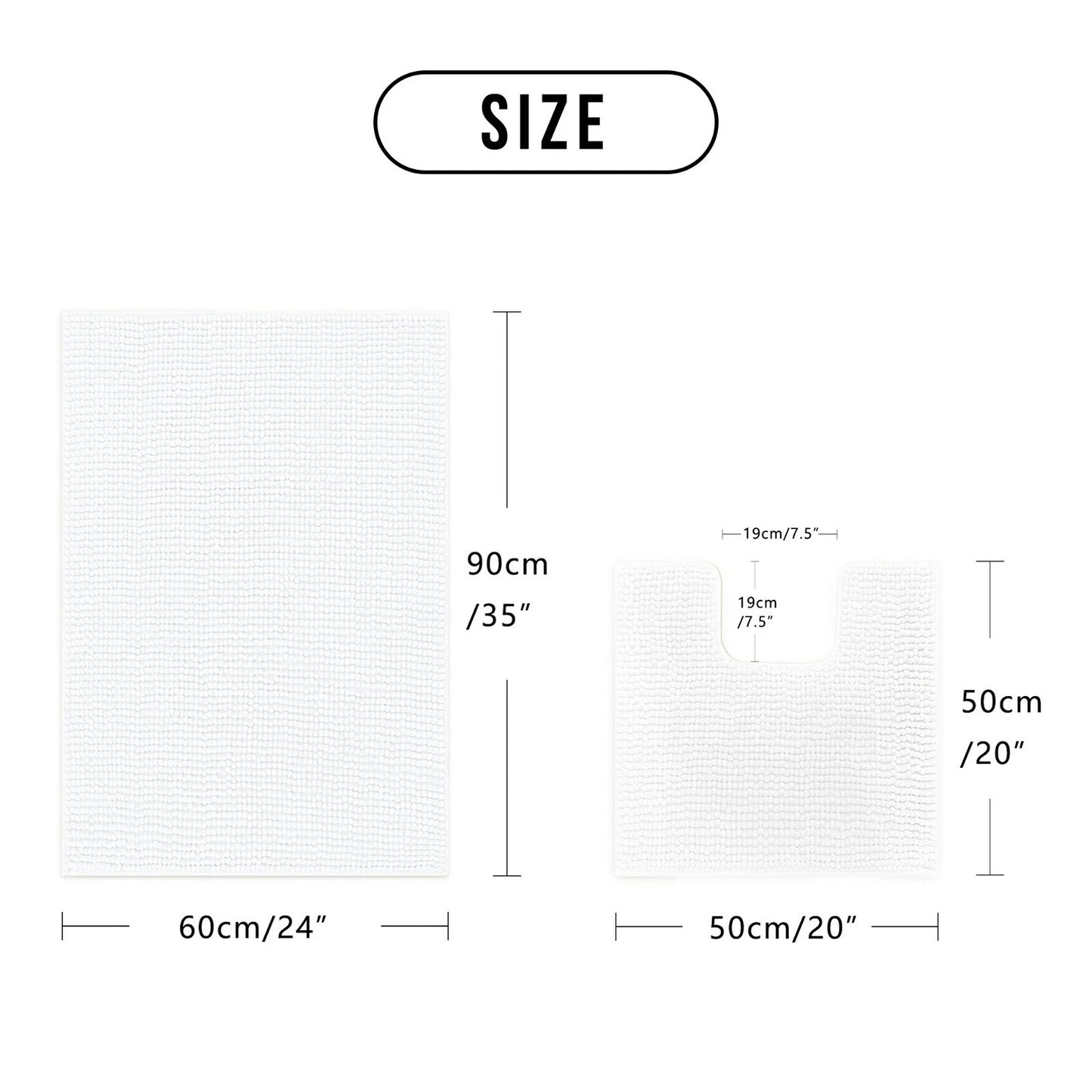 White 1200 GSM Chenille Bath Mat and Toilet Mat Set Non Slip