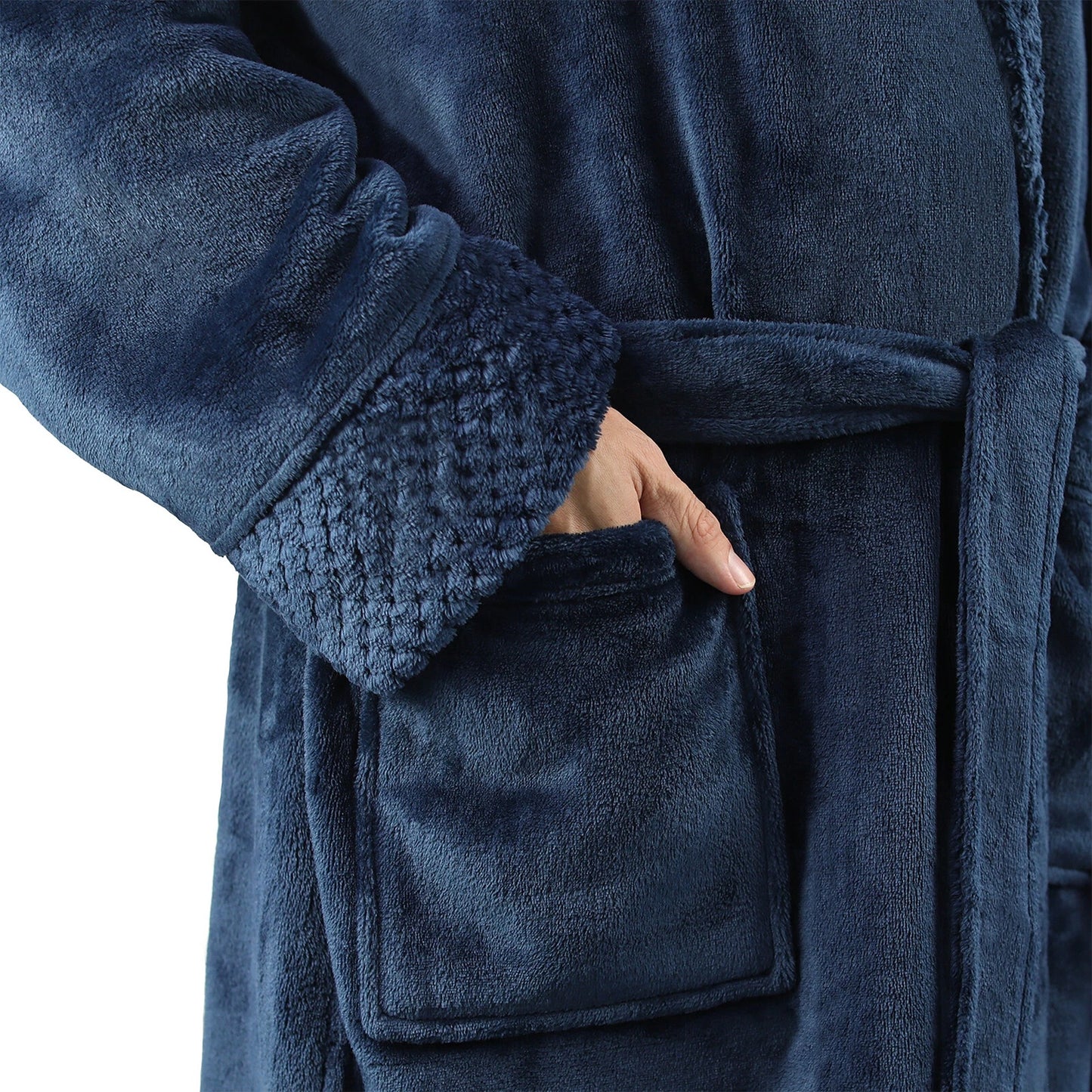 Flannel Fleece Bathrobe for Women and Men Lounge Dressing Gown - Navy