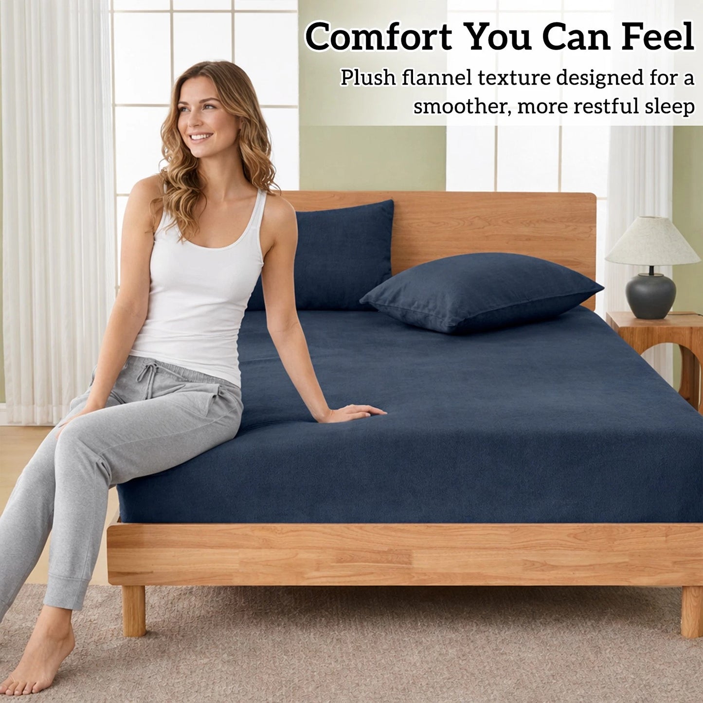 Navy Warm Flannelette Fitted Sheet and Pillowcase Set No Flat Sheet