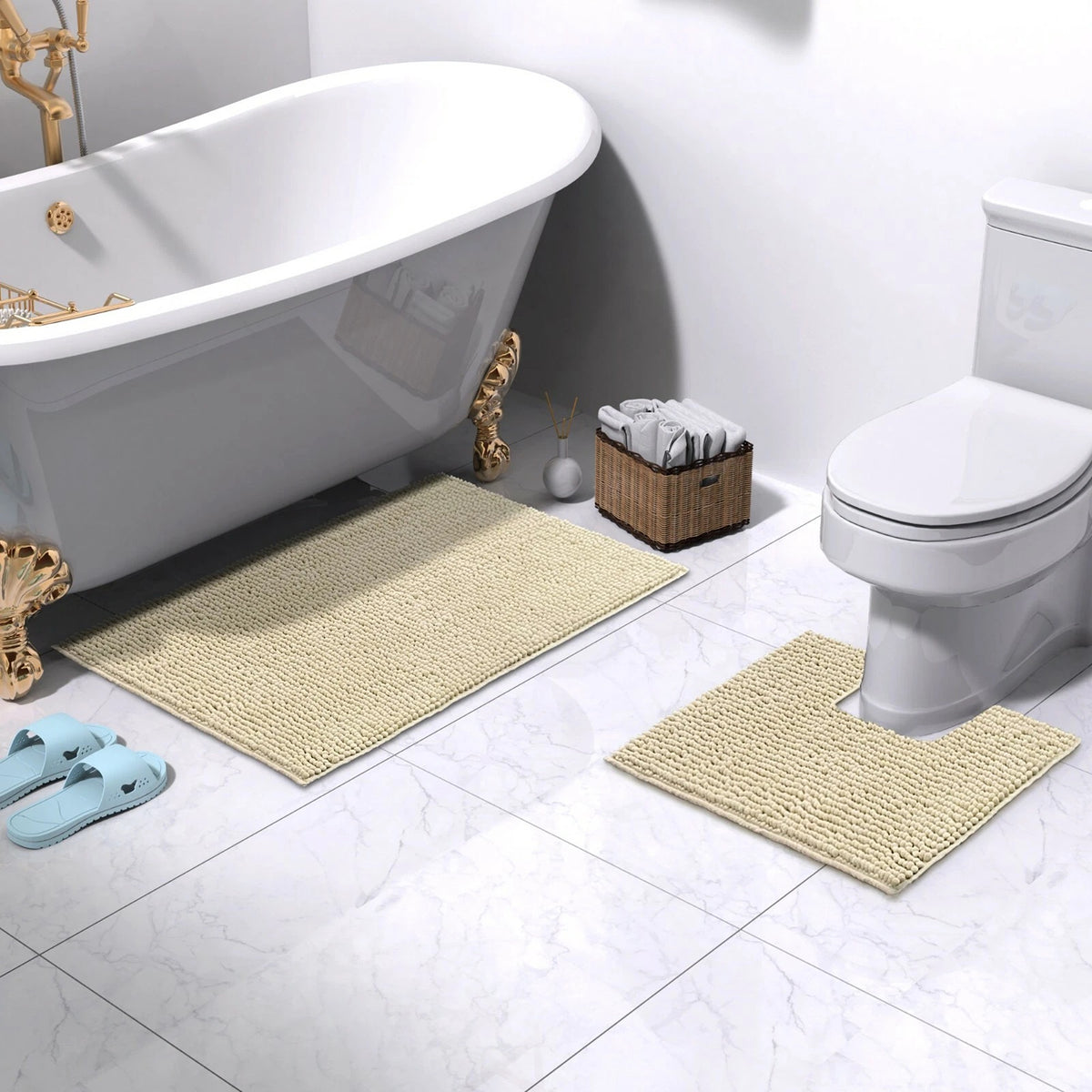 Linen 1200 GSM Chenille Bath Mat and Toilet Mat Set Non Slip