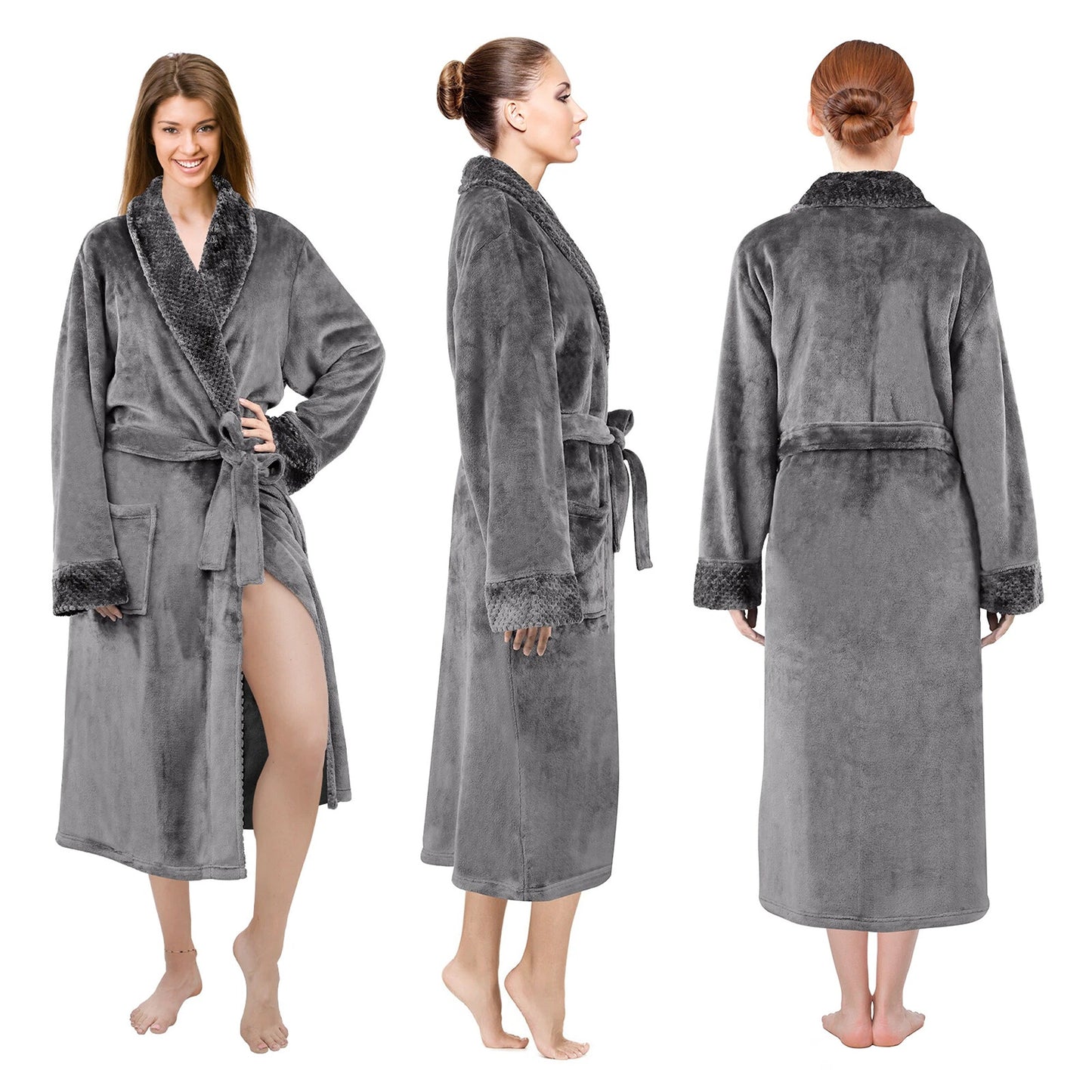Flannel Fleece Bathrobe for Women and Men Lounge Dressing Gown - Charcoal