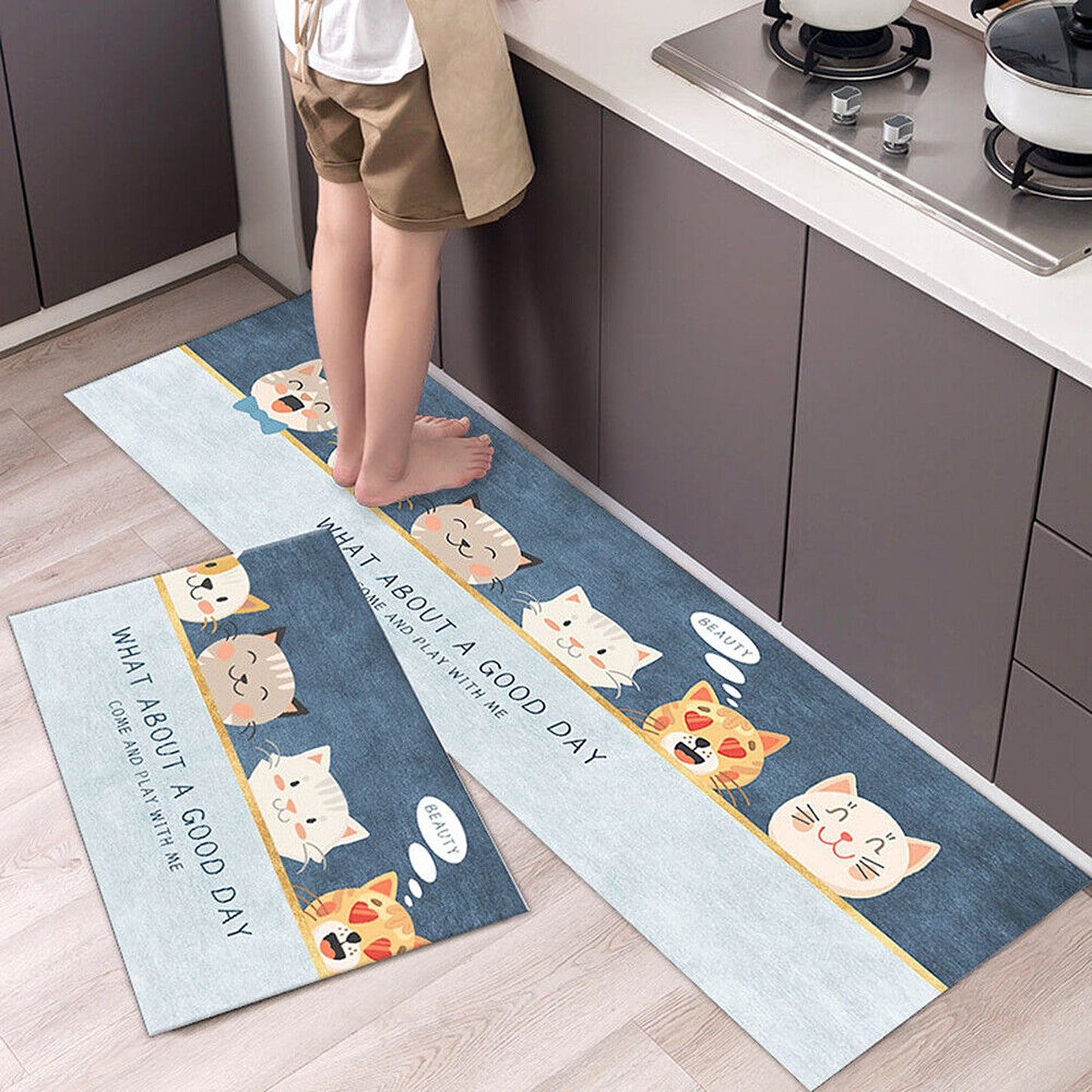 Lovely Cat Head Kitchen Door Mat Machine Washable Floor Rug