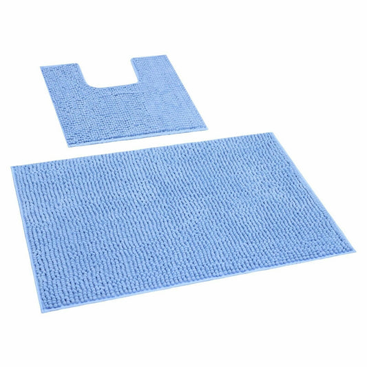 Sky Blue 1200 GSM Chenille Bath Mat and Toilet Mat Set Non Slip
