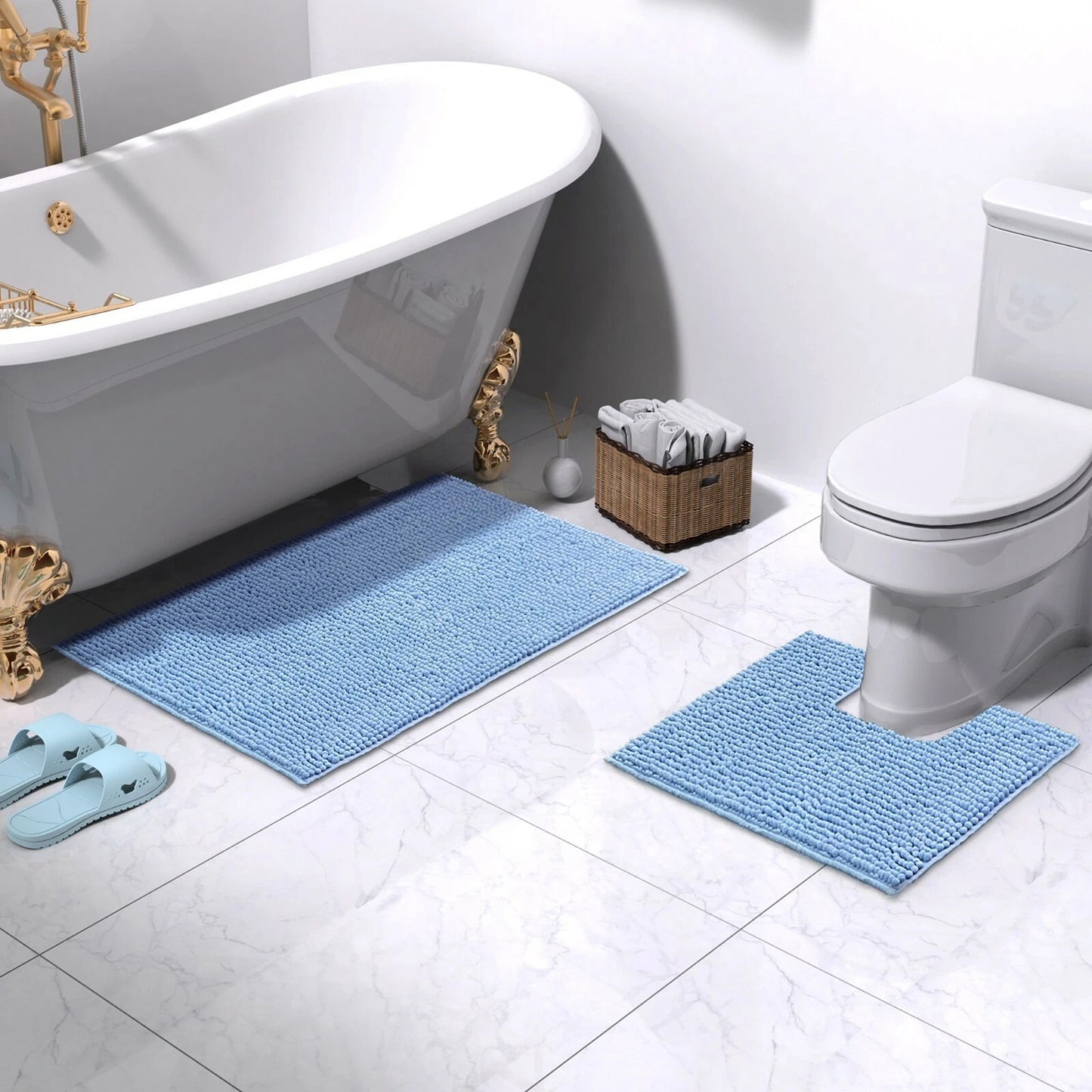Sky Blue 1200 GSM Chenille Bath Mat and Toilet Mat Set Non Slip
