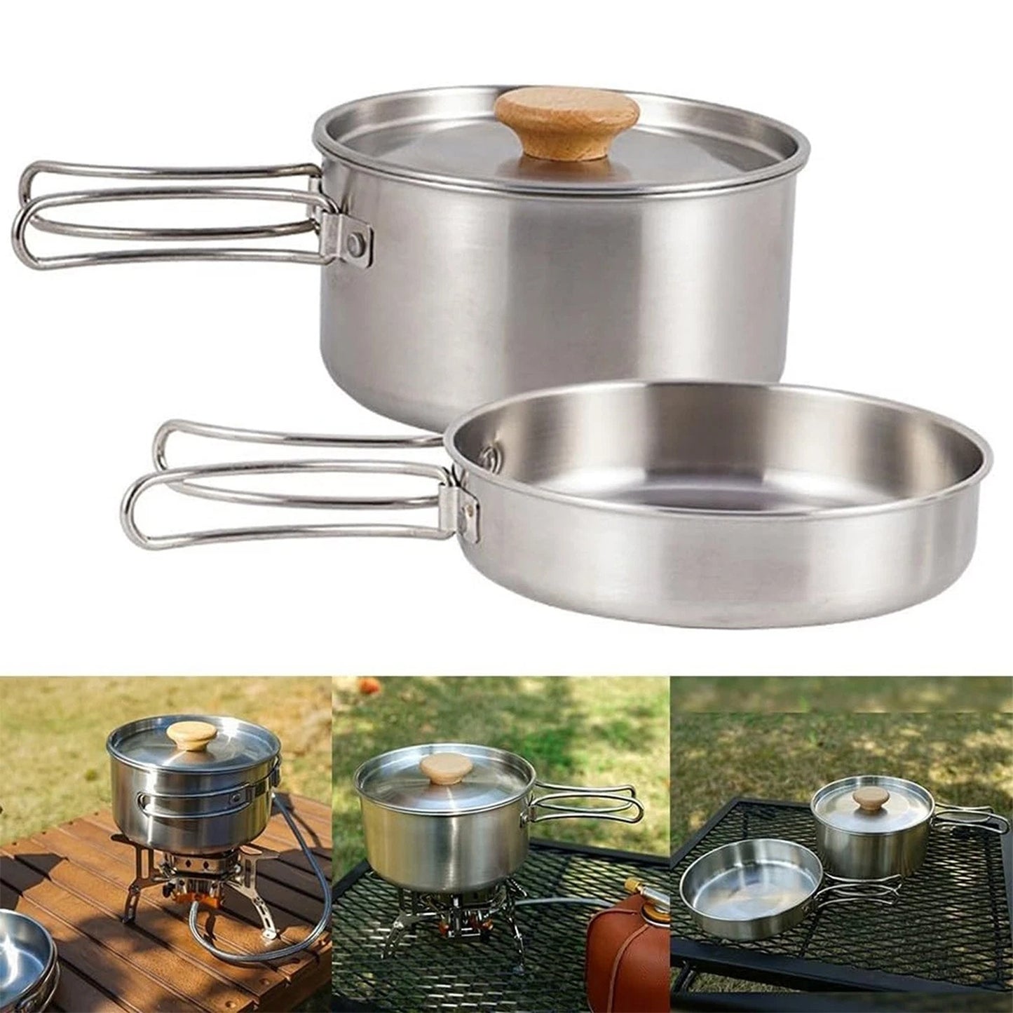 2pcs Stainless Steel Camping Pot and Pan Set with Folding Handles
