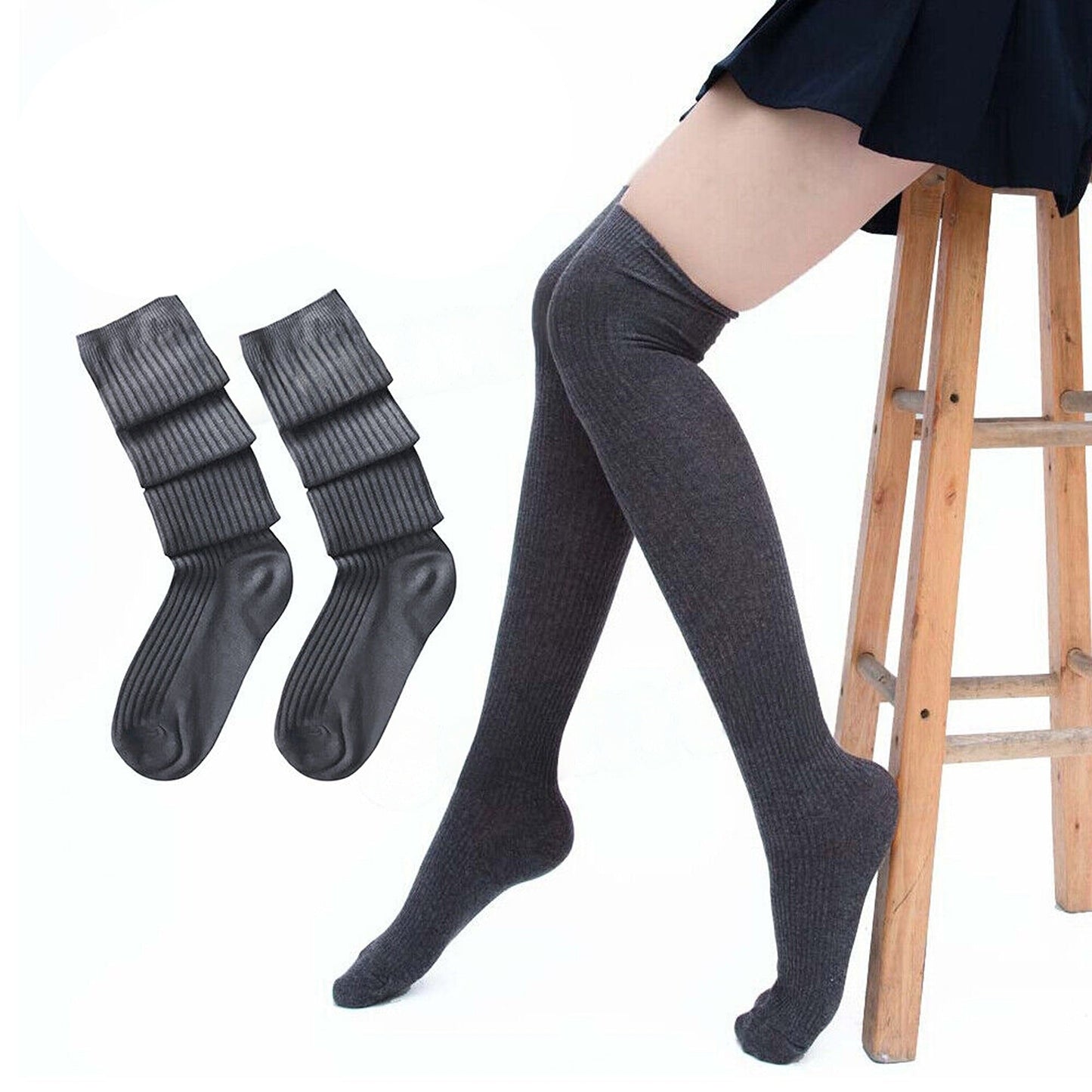 Solid Color Thigh High Socks Cable Knit - Dark Grey