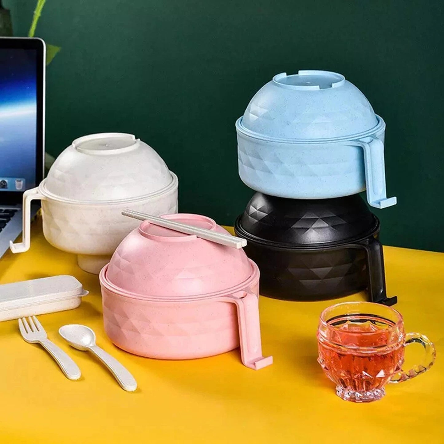 Blue Microwave Ramen Bowl Set with Chopsticks for Instant Noodles